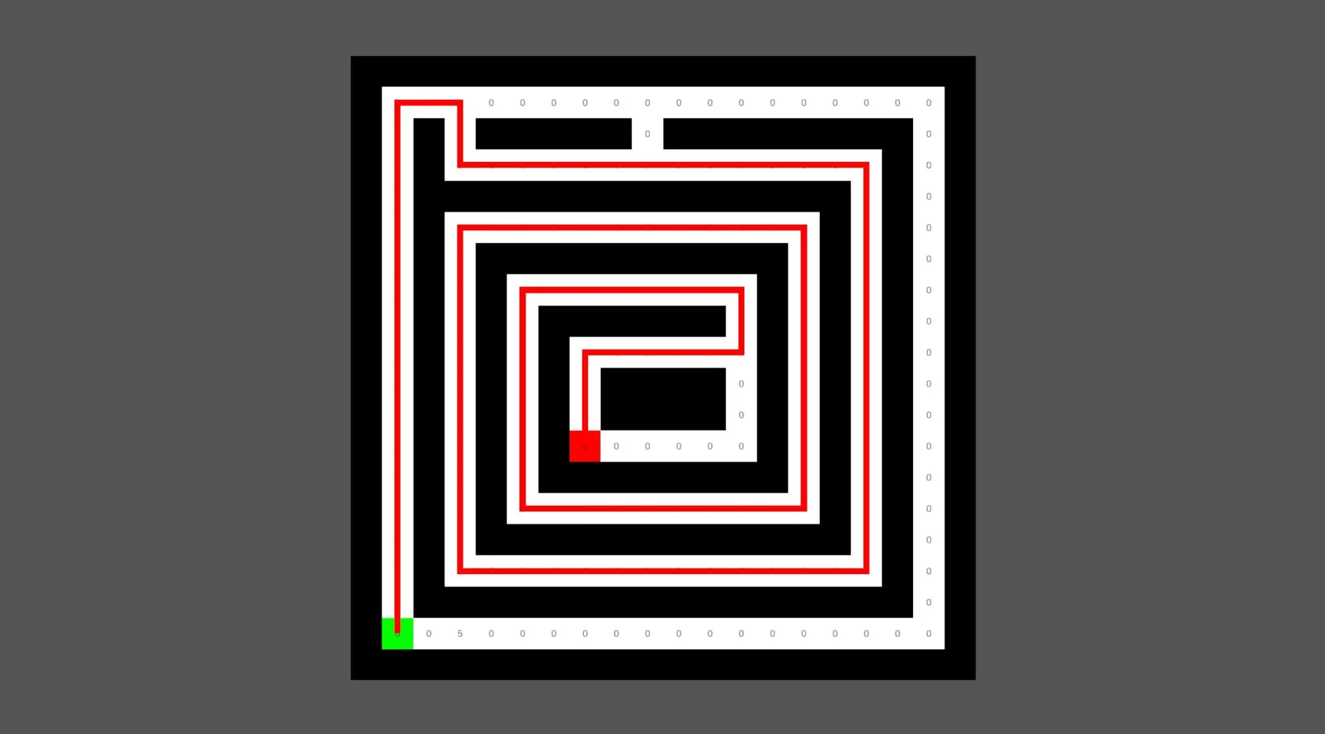 Screenshot showcasing the A pathfinding algorithm in Unity, featuring a grid-based maze with a highlighted red path from a green starting point to a target destination, demonstrating real-time shortest-path calculation