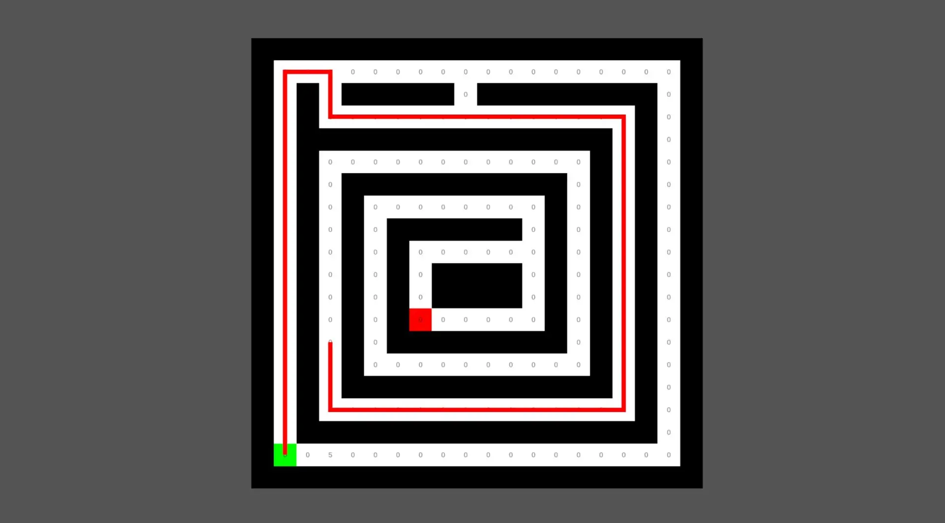 Demonstration of A* algorithm's pathfinding logic in a black-and-white grid maze with a red-highlighted optimal path.