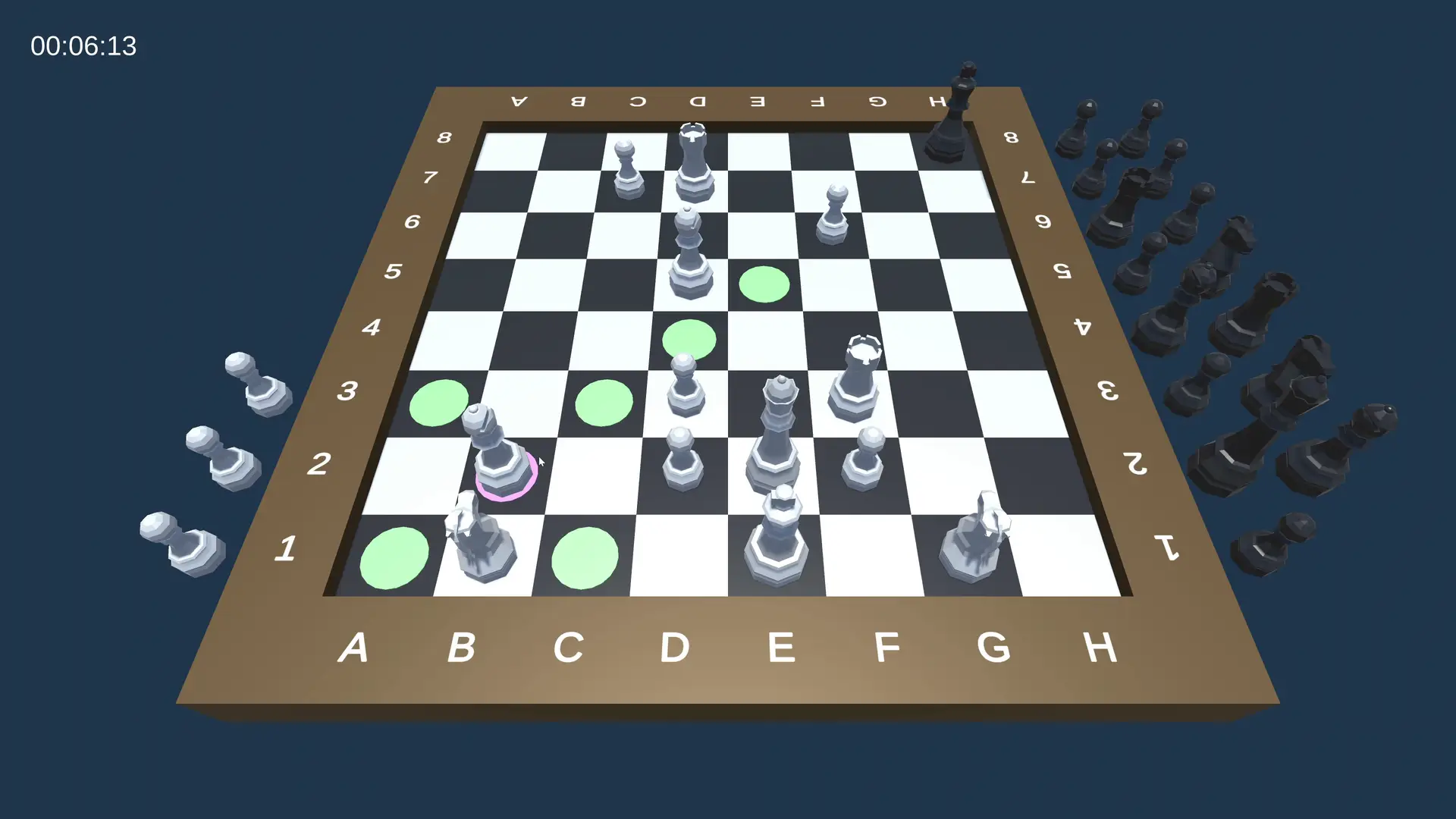 Screenshot displaying a Unity-based chess game in action, showcasing legal move highlighting and an interactive 3D board with labeled coordinates and captured pieces displayed