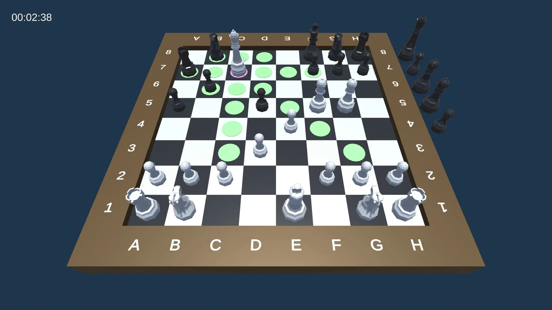 Unity chess game screenshot displaying active gameplay with move highlighting, captured pieces, and a dynamic timer in the corner.