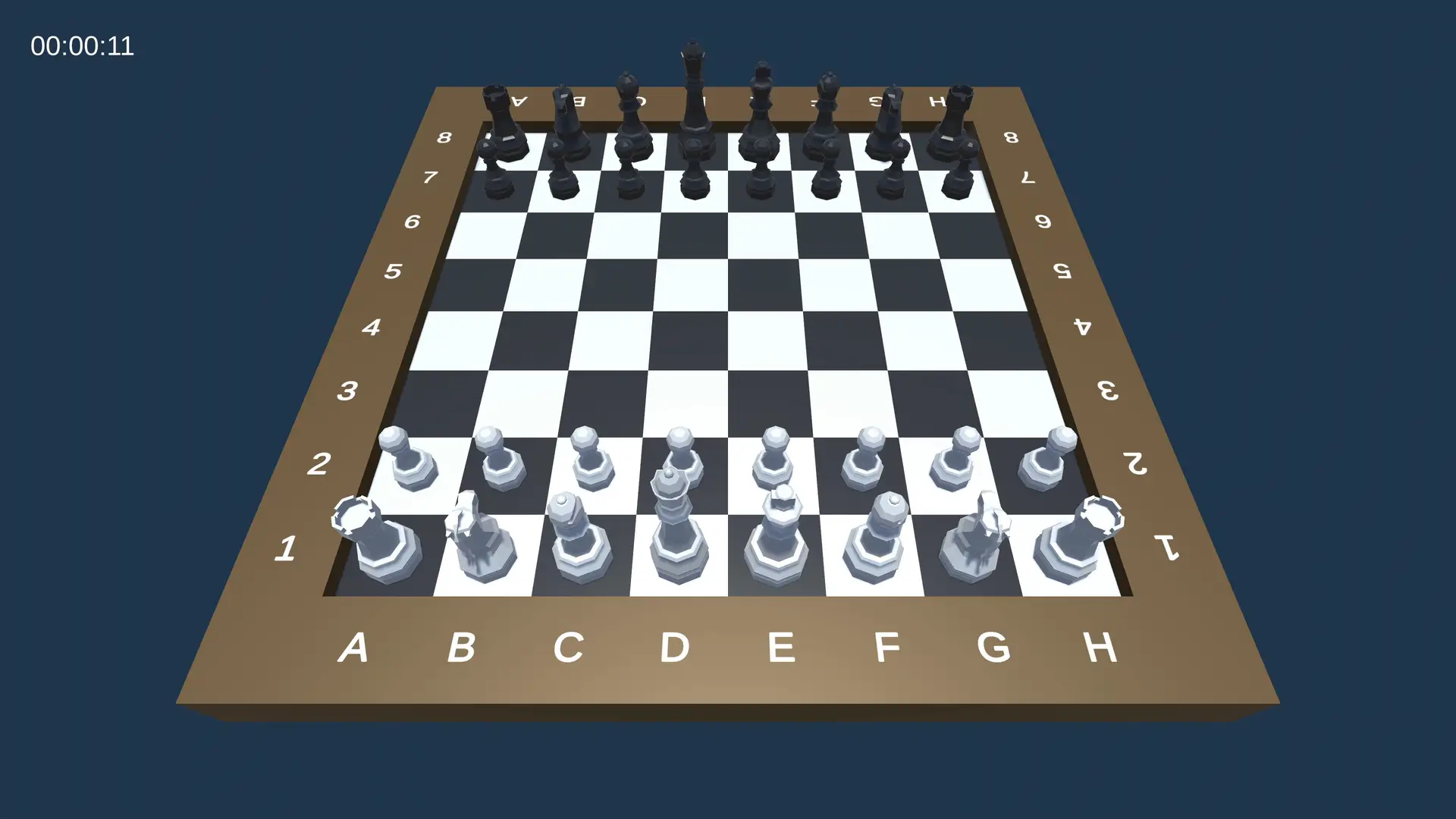 Unity chess game initial setup screenshot showing a standard chessboard layout with white and black pieces in their starting positions, labeled coordinates, and an active timer.