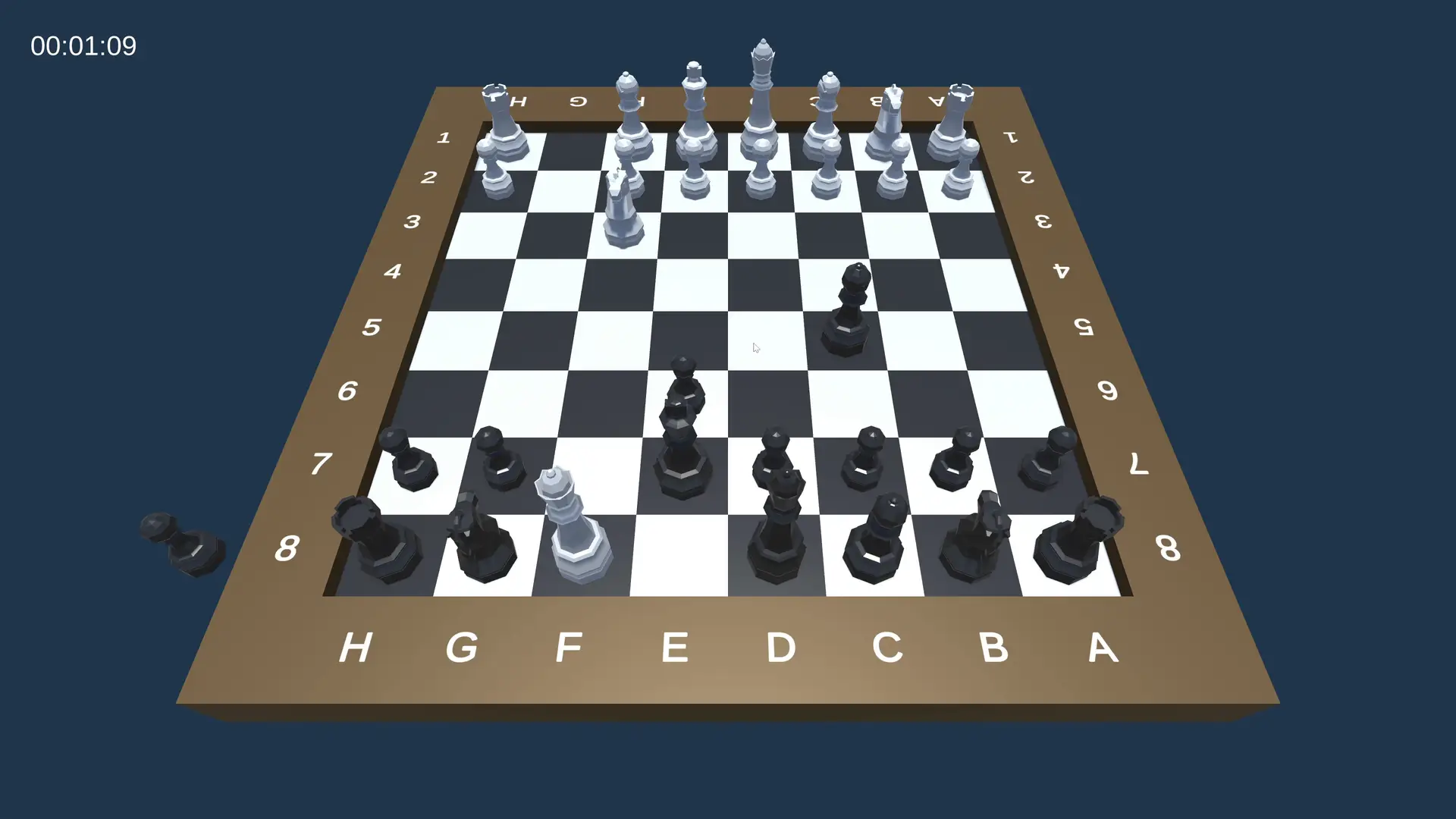 Unity chess game mid-play screenshot featuring active gameplay with white and black pieces strategically positioned and an active timer in the corner.