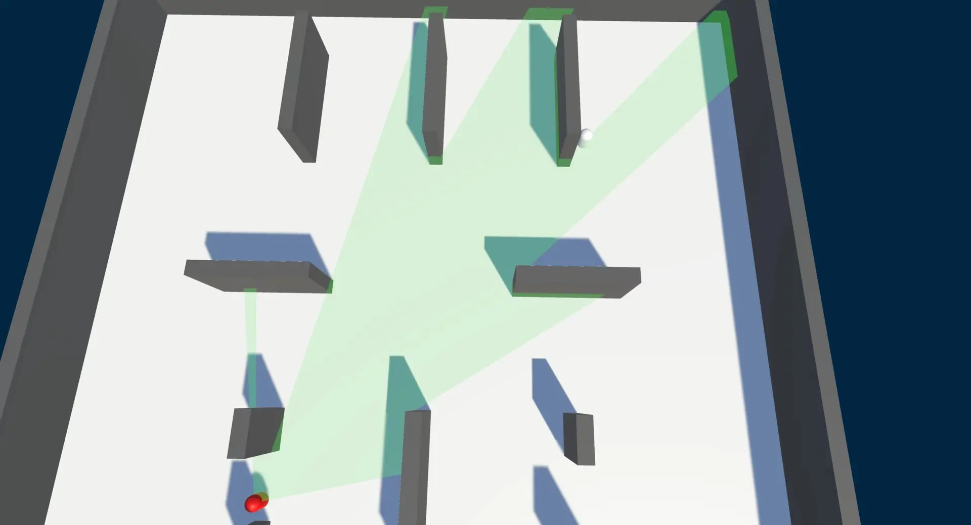 Unity Field-of-View Mesh System showcasing a green cone-shaped FOV dynamically blocked by walls and targeting an object in a maze-like environment.