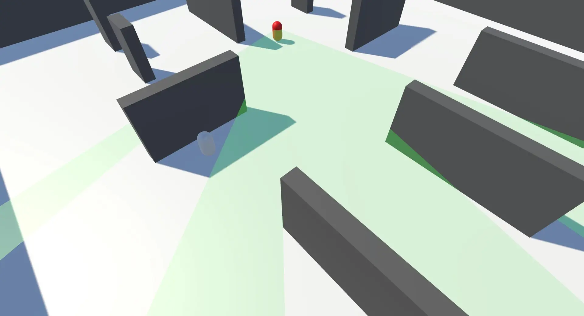 Unity Field-of-View Mesh System featuring a wide green FOV cone navigating a maze-like structure, detecting targets partially hidden by obstacles.