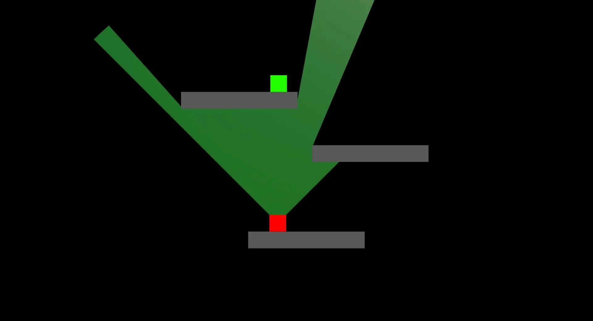 Unity Field-of-View Mesh System in 2D mode, displaying a green cone-shaped FOV originating from a red object and detecting a green target while blocked by gray obstacles.