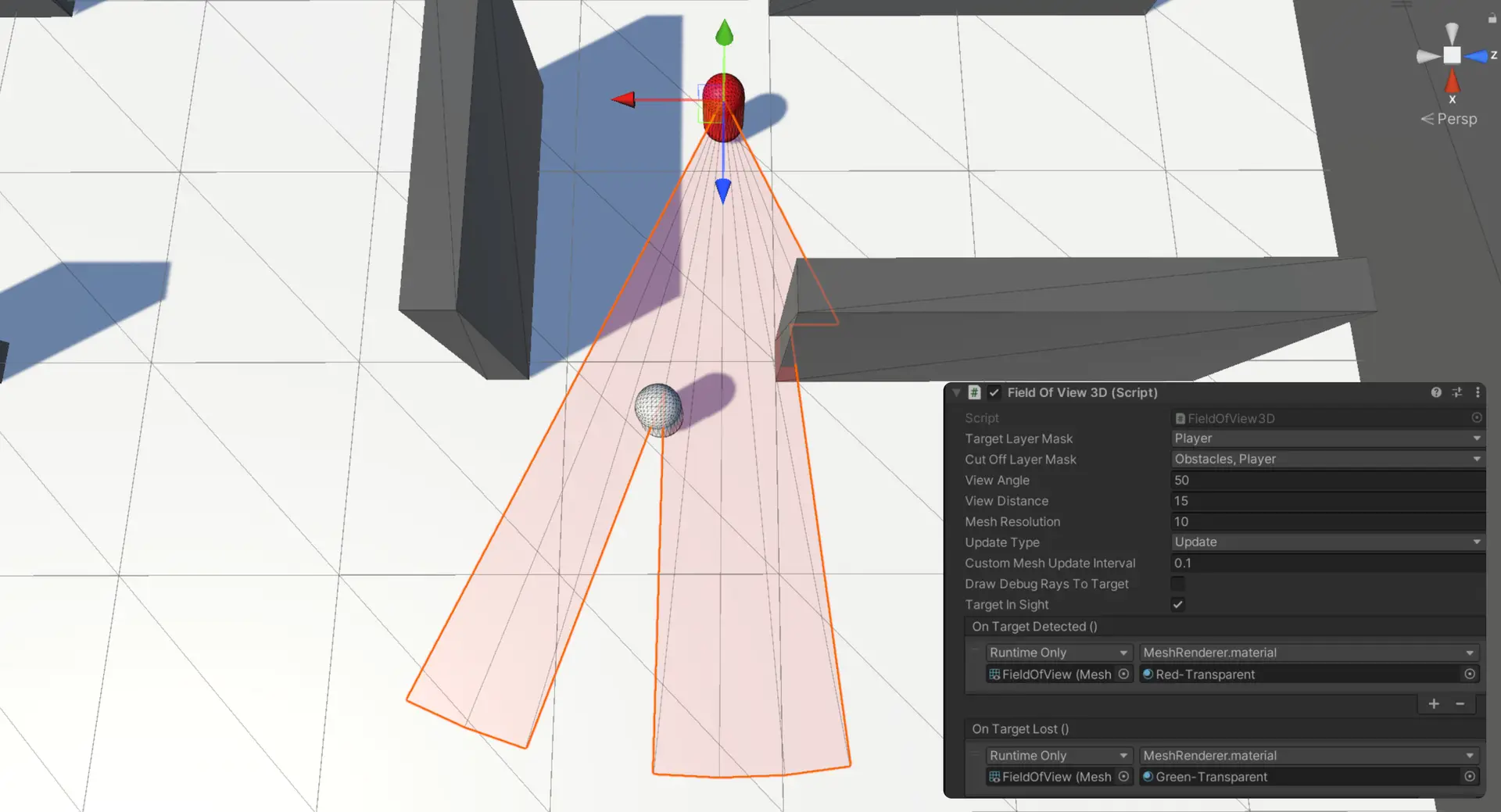 Unity Field-of-View Mesh System in 3D, displayed in Scene View with visible orange FOV outline and Inspector settings for layer masks, view angle, and resolution.