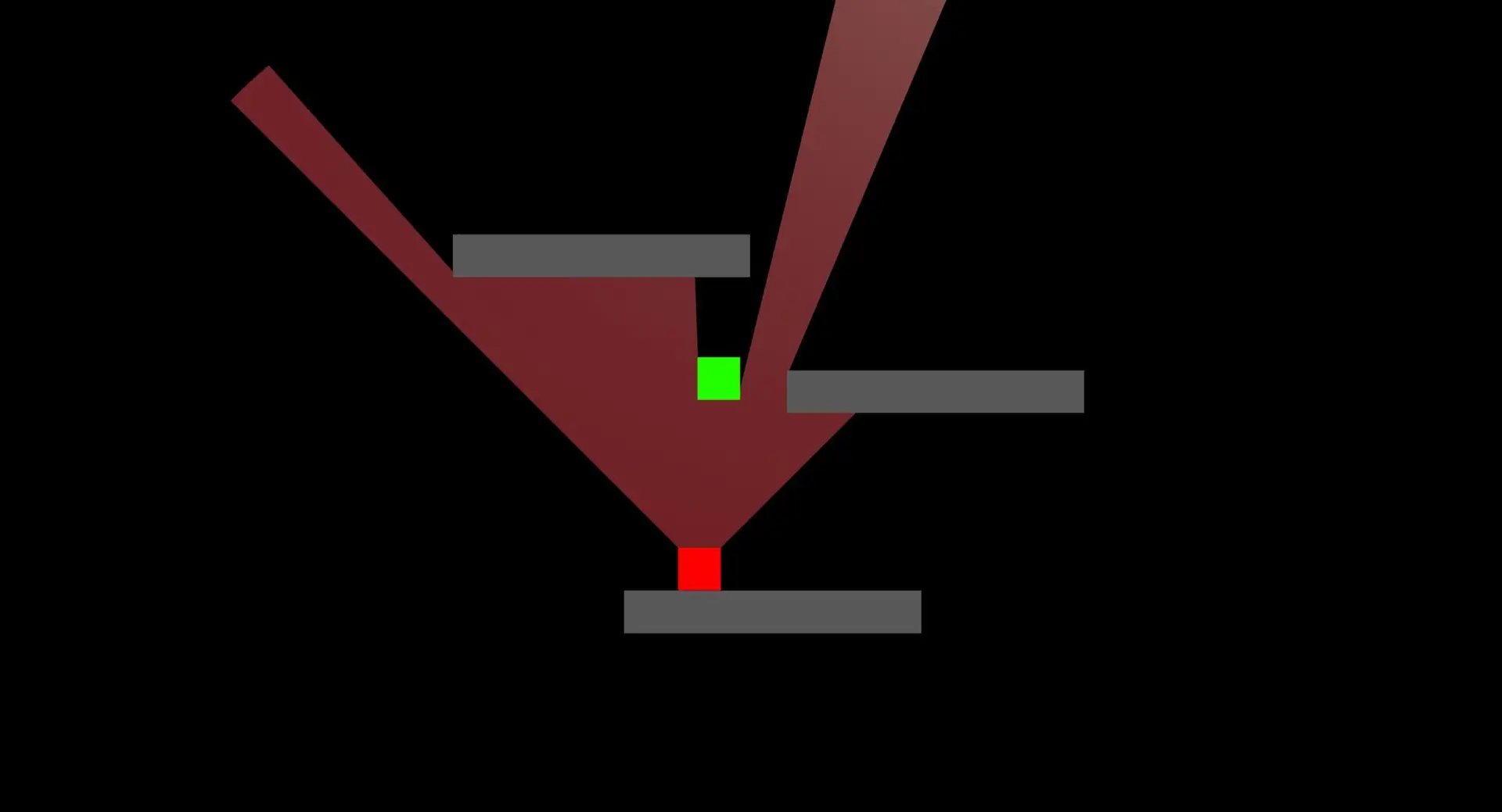 Unity Field-of-View Mesh System in 2D, with a red FOV cone dynamically adjusting to detect a green target while blocked by gray obstacles.