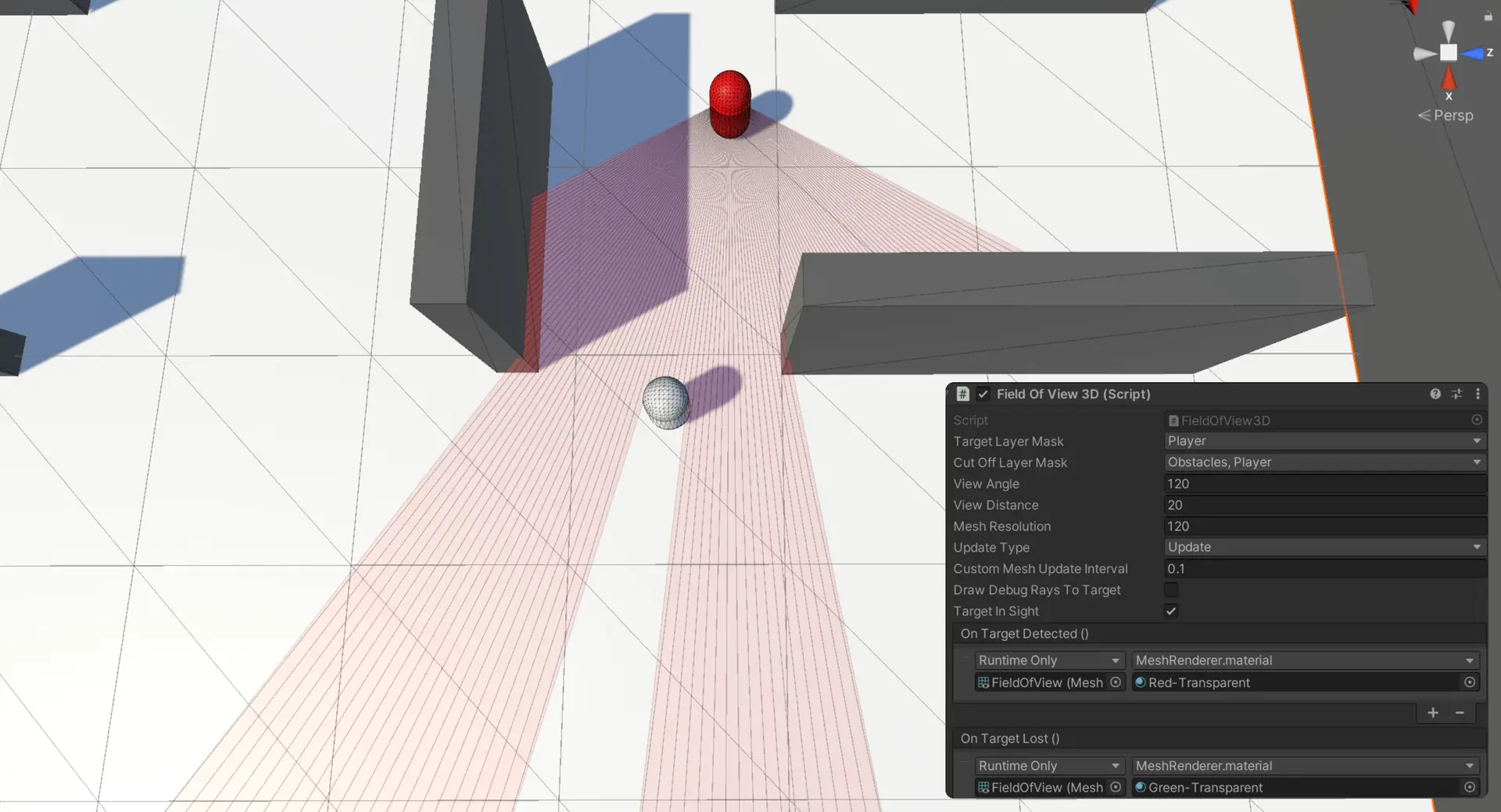 Unity Field-of-View Mesh System in 3D, featuring a high-resolution FOV cone with detailed lines, visible in Scene View with updated Inspector settings.