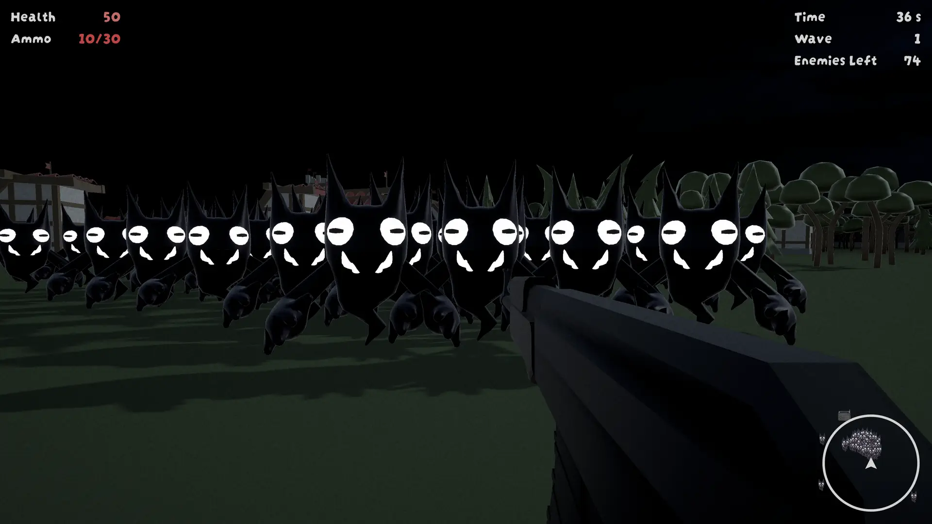 First-person view in Keep Calm and Kill Demons, facing a large horde of glowing-eyed black demons charging toward the player. The player holds a shotgun, with HUD elements displaying health, ammo, time survived, wave number, and enemies left. A minimap in the bottom right corner shows the overwhelming number of enemies approaching.