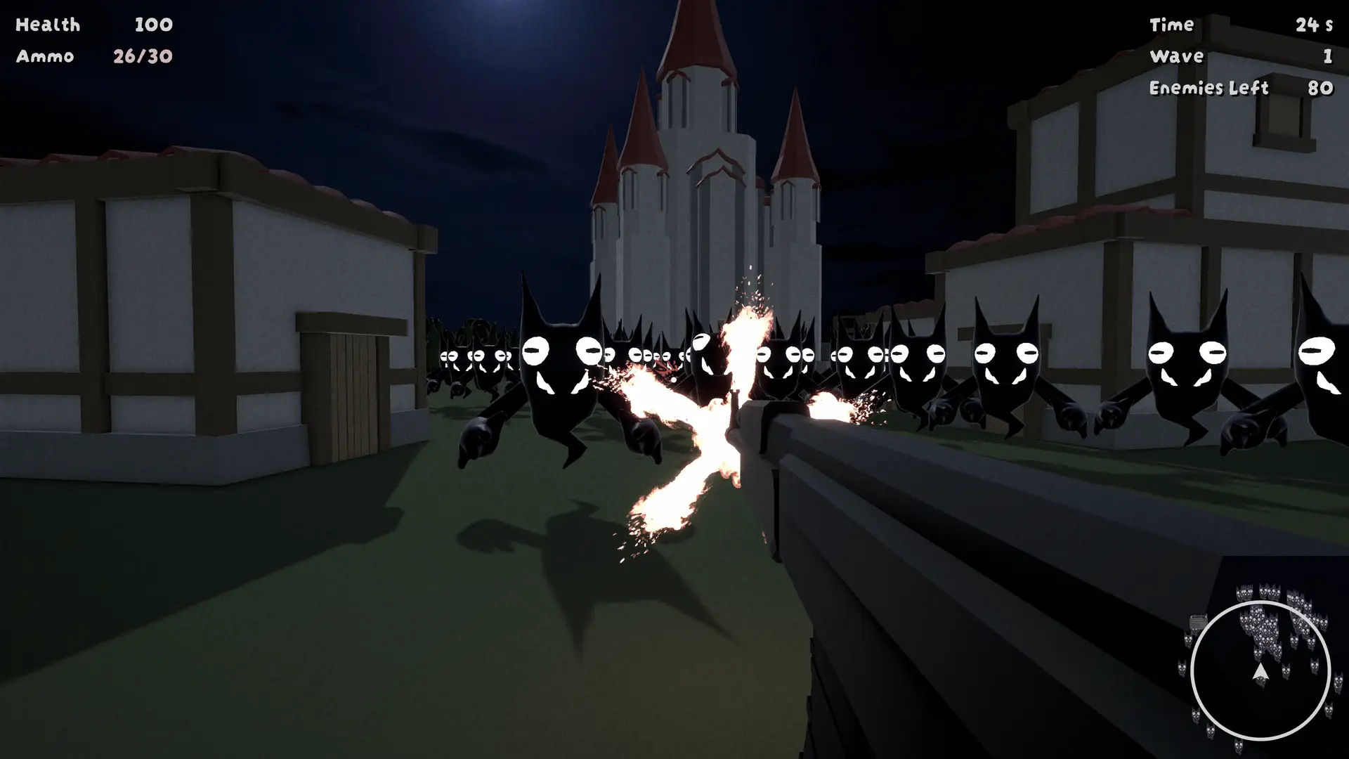 First-person combat in Keep Calm and Kill Demons, showing the player firing a shotgun at a charging horde of demons. Bright muzzle flash and bullet impact effects illuminate the dark environment. A large castle looms in the background, while timber-framed houses flank the sides. The HUD displays health, ammo, wave number, and enemy count, with a minimap in the bottom right showing enemy positions.