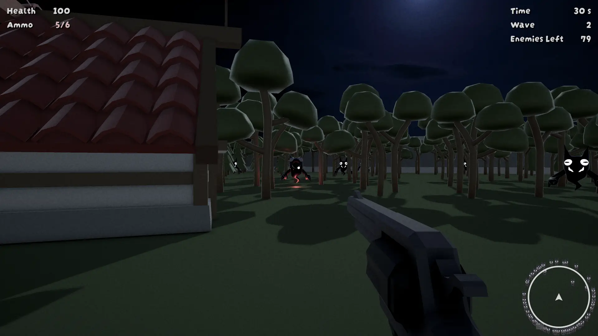 First-person view in Keep Calm and Kill Demons, aiming a revolver at demons emerging from a glowing red portal in a dense forest. The dark environment is illuminated by moonlight, with a village house on the left and enemy movement visible among the trees. The HUD displays health, ammo, wave number, and remaining enemies, while the minimap highlights enemy positions.