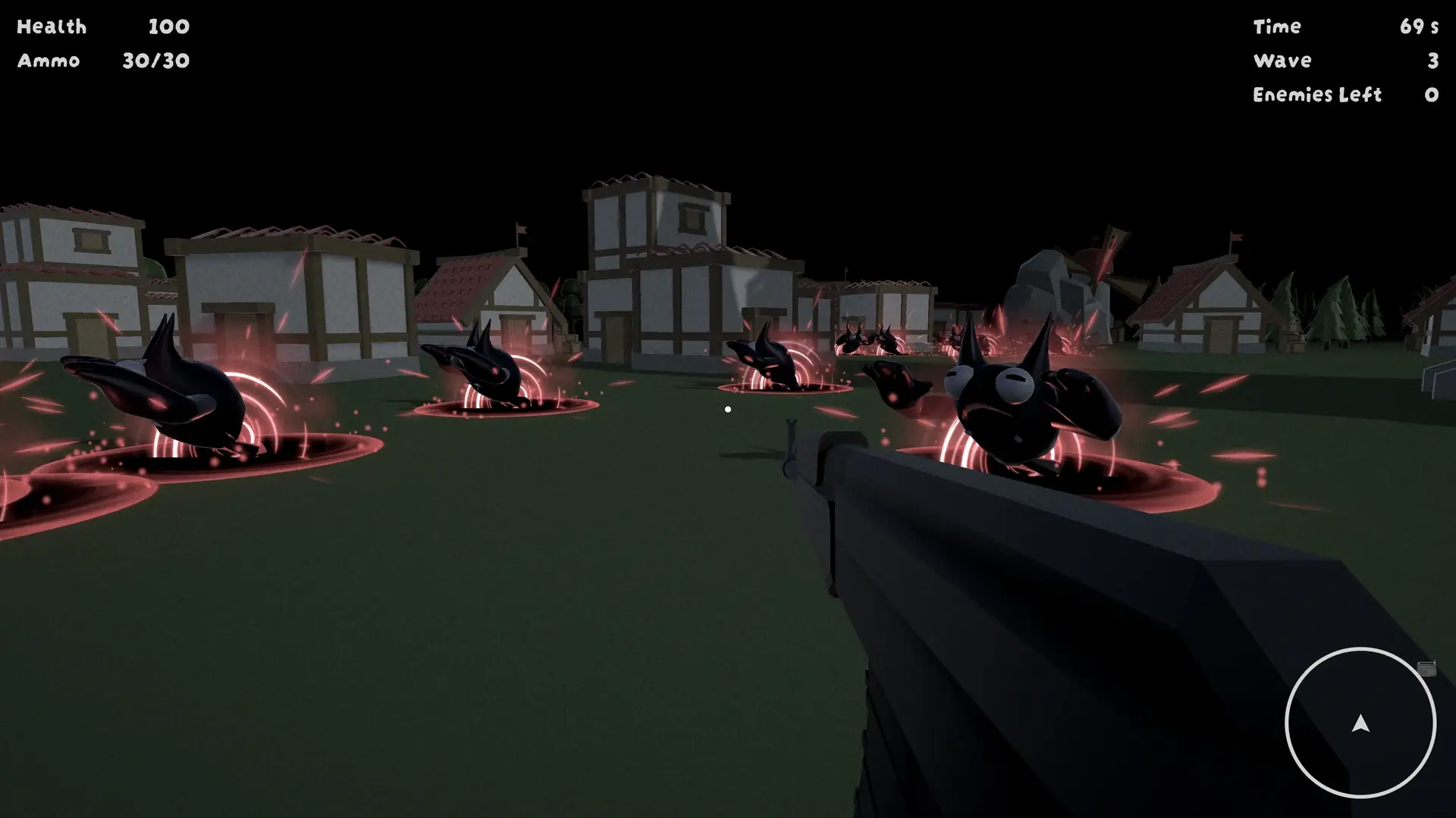 First-person view in Keep Calm and Kill Demons, showing defeated demons being pulled into glowing red portals at the end of wave 3. The player holds a shotgun while overlooking a medieval village with timber-framed houses. The HUD displays full health and ammo, with a minimap in the bottom right showing no remaining enemies.