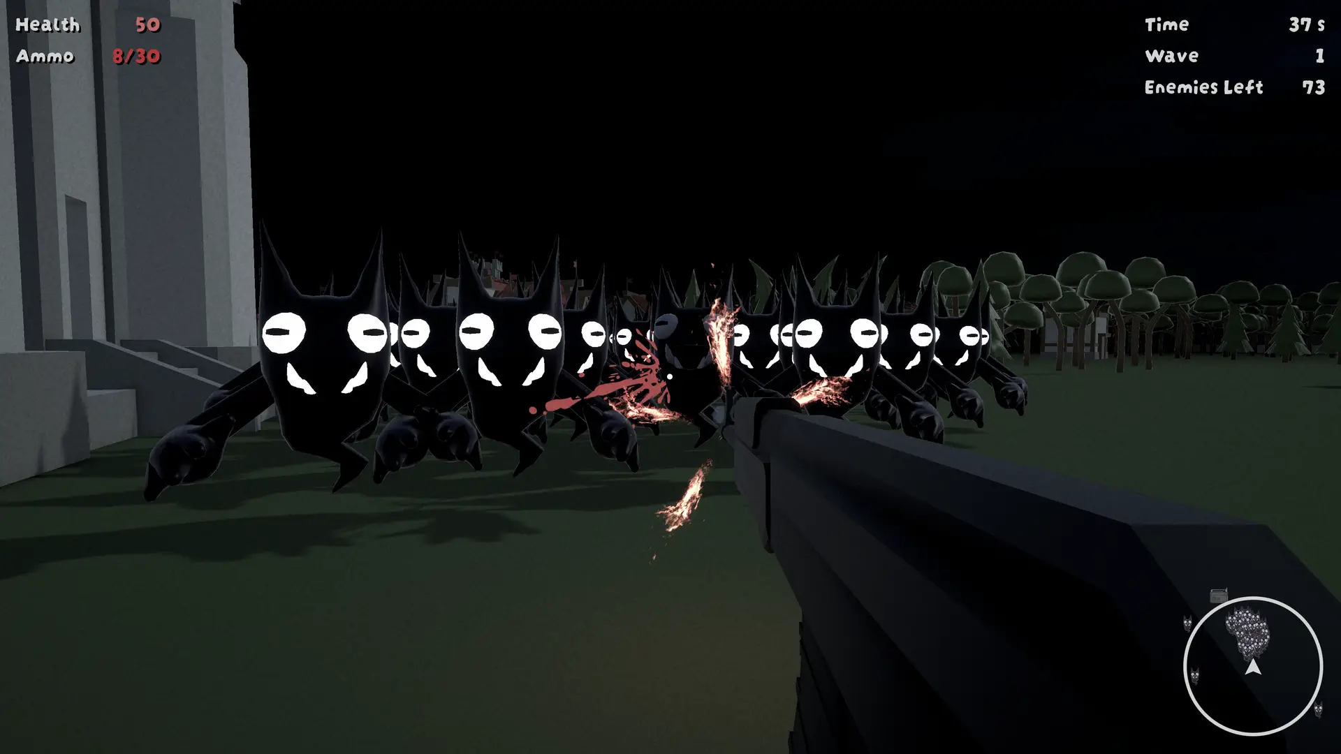 First-person action in Keep Calm and Kill Demons, with the player firing a shotgun at an approaching horde of demons. Muzzle flashes and blood splatter effects are visible as bullets hit their targets. The HUD shows low health and remaining ammo, with a minimap displaying the large number of enemies closing in.