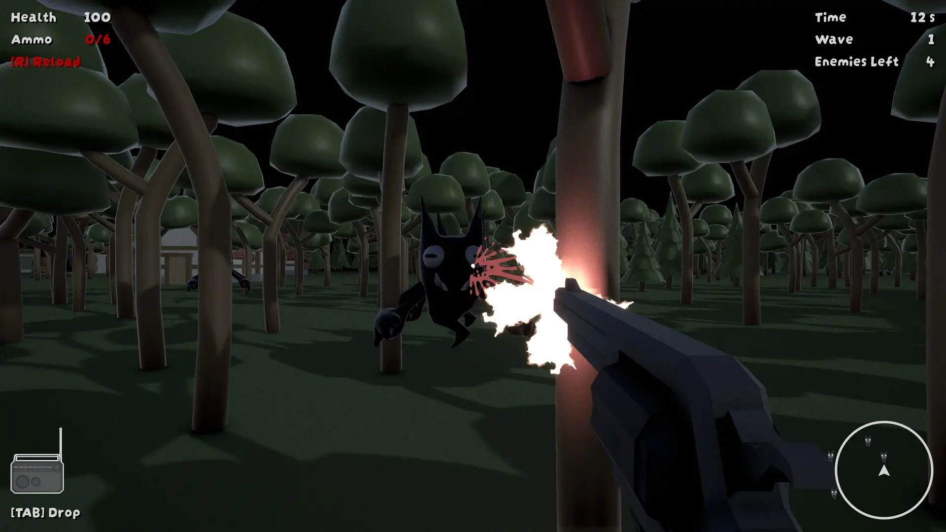 First-person combat in Keep Calm and Kill Demons, with the player firing a revolver at a charging demon in a dense forest. A bright muzzle flash and blood splatter effect are visible as the shot connects. The HUD indicates an empty revolver with a reload prompt, while a radio icon in the bottom left suggests an interactive in-game music system.