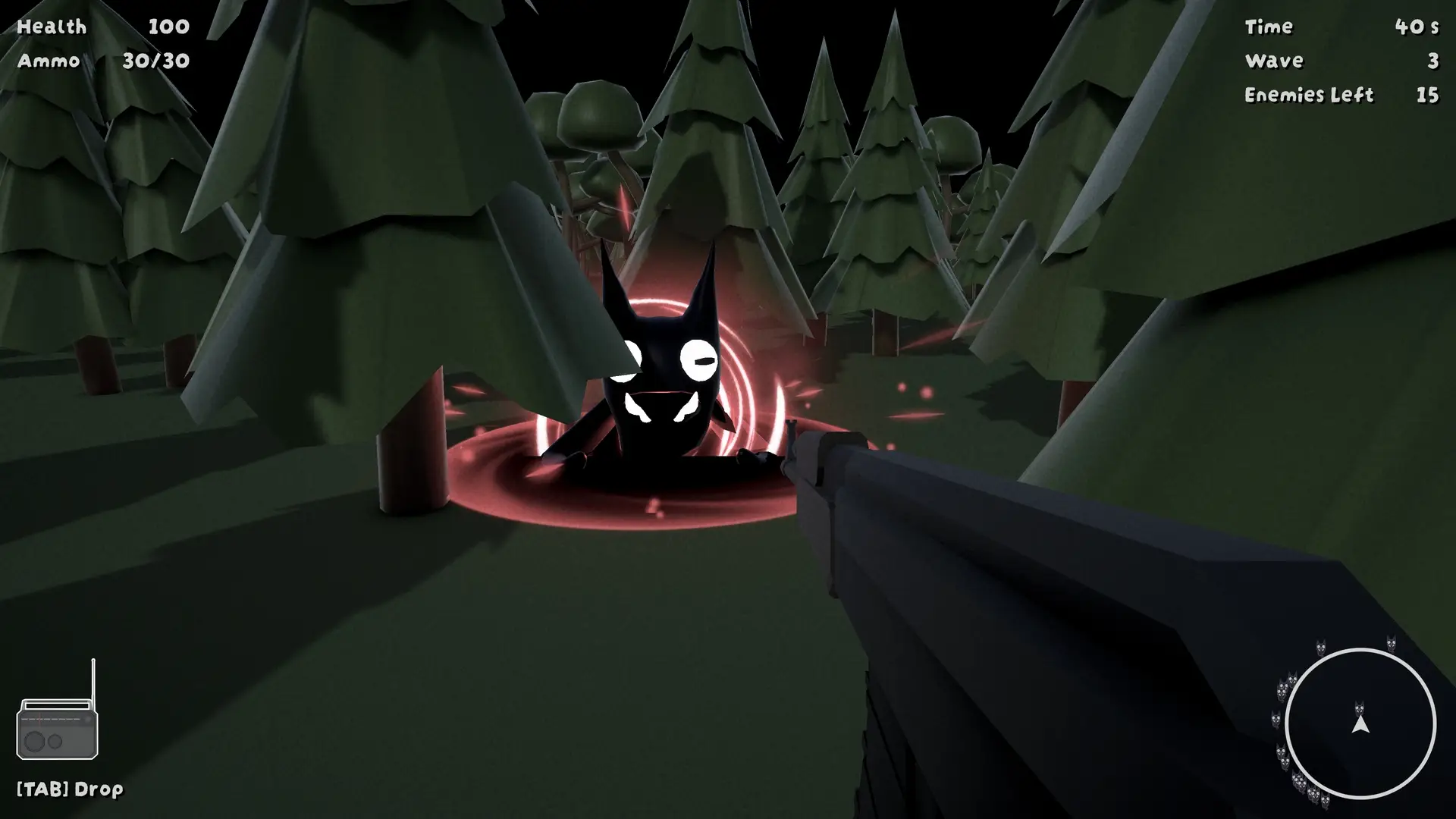 First-person view in Keep Calm and Kill Demons, aiming a shotgun at a demon emerging from a glowing red portal in a dense forest. The enemy is mid-spawn with swirling energy effects. The HUD shows full health and ammo, with a minimap displaying enemy positions. A radio icon in the bottom left indicates the player is carrying an in-game music device.