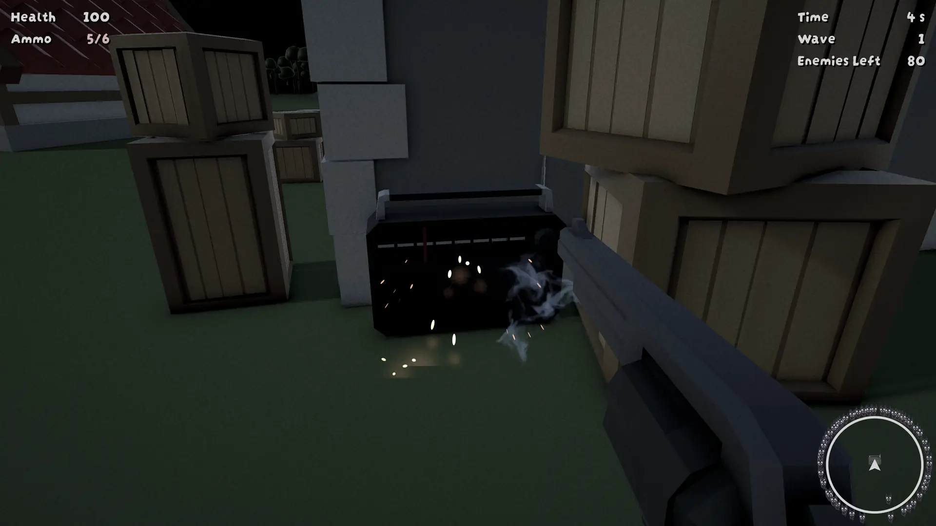 First-person view in Keep Calm and Kill Demons, showing the player shooting a radio hidden among wooden crates. Sparks and smoke emerge from the damaged radio, indicating the interactive in-game music system where shooting the radio changes the track. The HUD displays health, ammo, and enemy count, with a minimap in the bottom right corner.