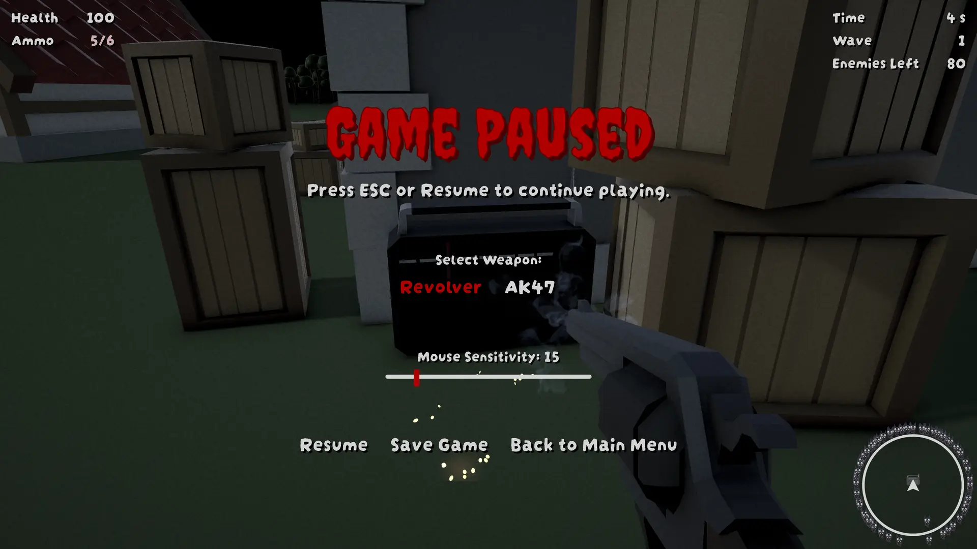 Pause menu in Keep Calm and Kill Demons, displaying options to resume, save the game, or return to the main menu. The player is aiming a revolver at a radio while the menu allows weapon selection between a revolver and an AK-47. A mouse sensitivity slider is visible, along with the HUD showing health, ammo, and enemy count. The minimap in the bottom right corner highlights enemy positions.