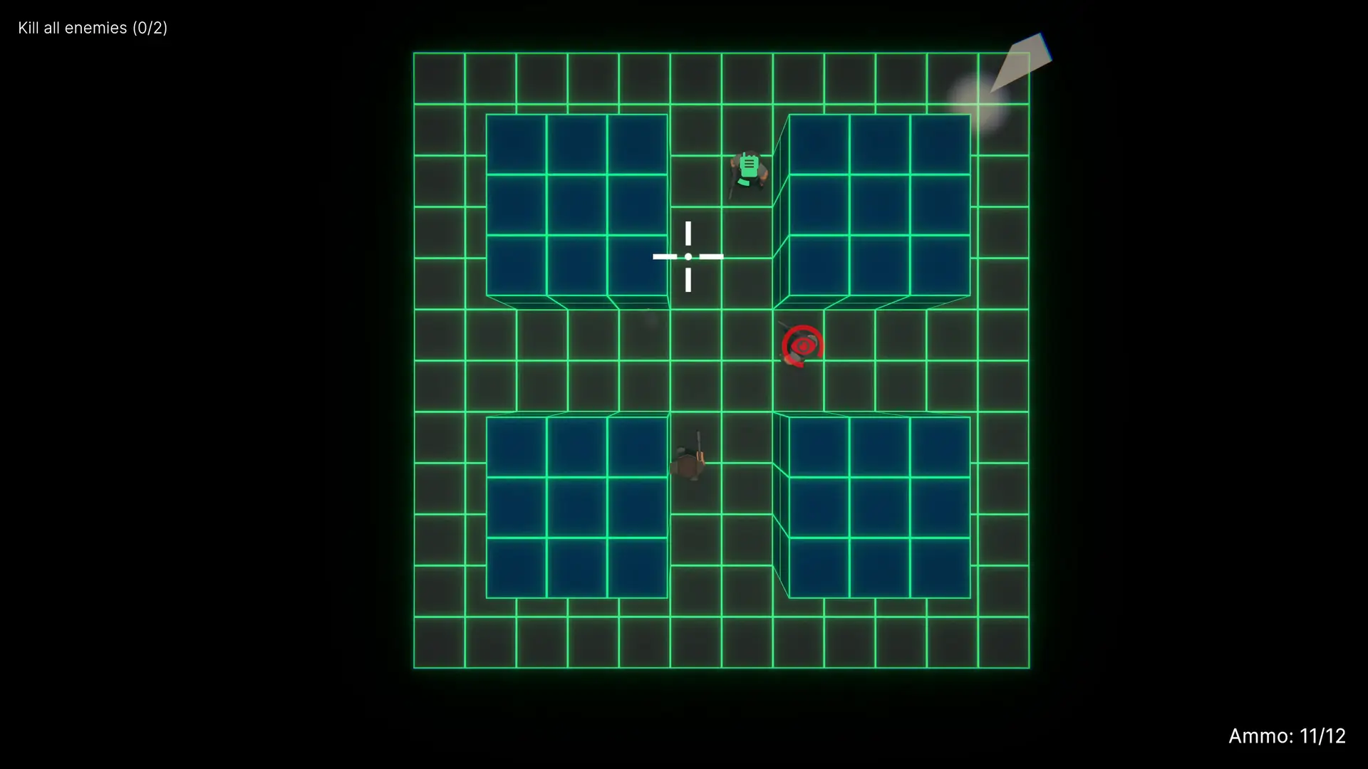 Top-down view of a neon grid map showing an enemy about to spot the player while another enemy calls for backup with visible indicators.