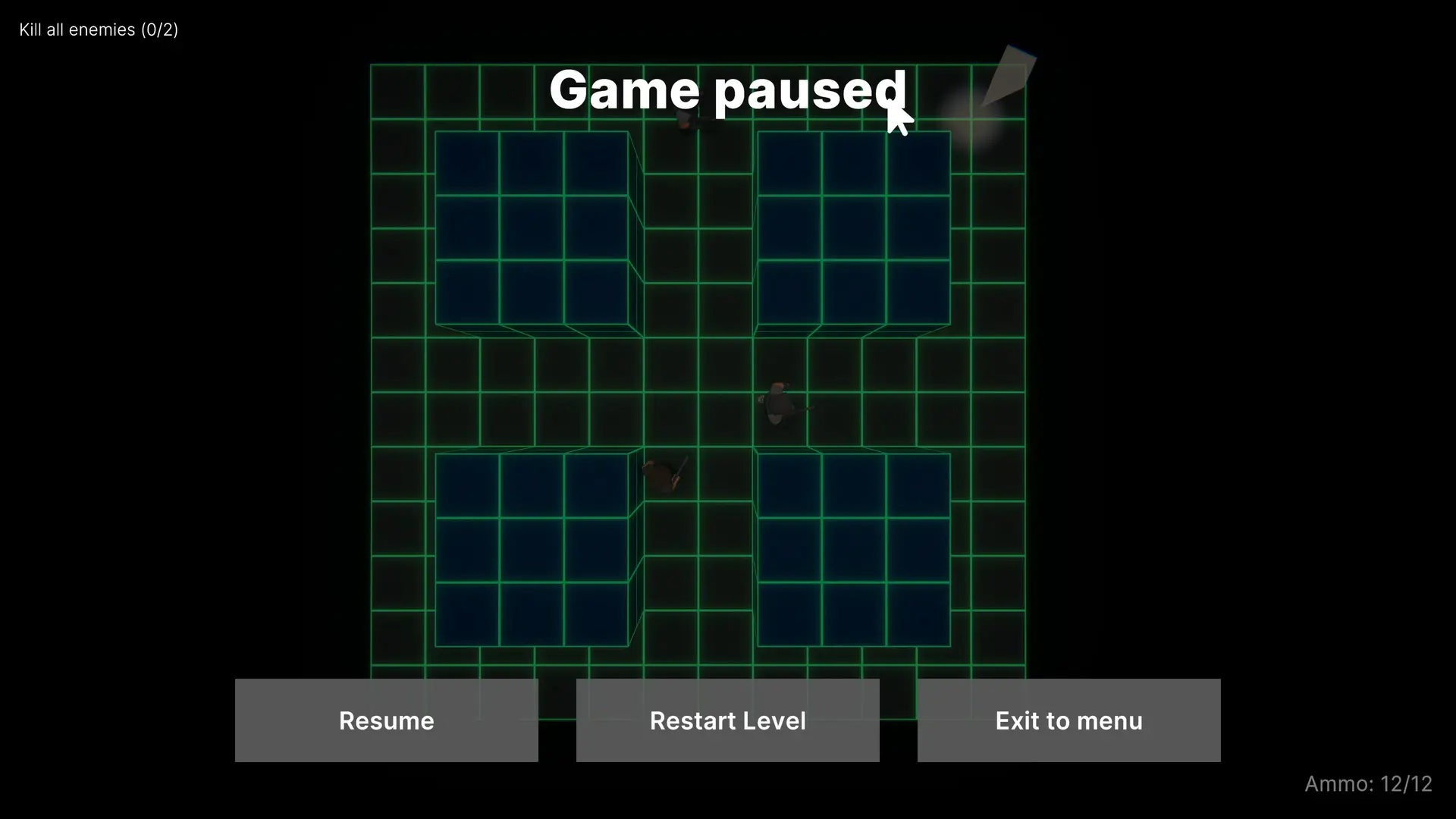 Game paused screen with frozen gameplay on a neon grid level, showing options to resume, restart, or exit to menu.