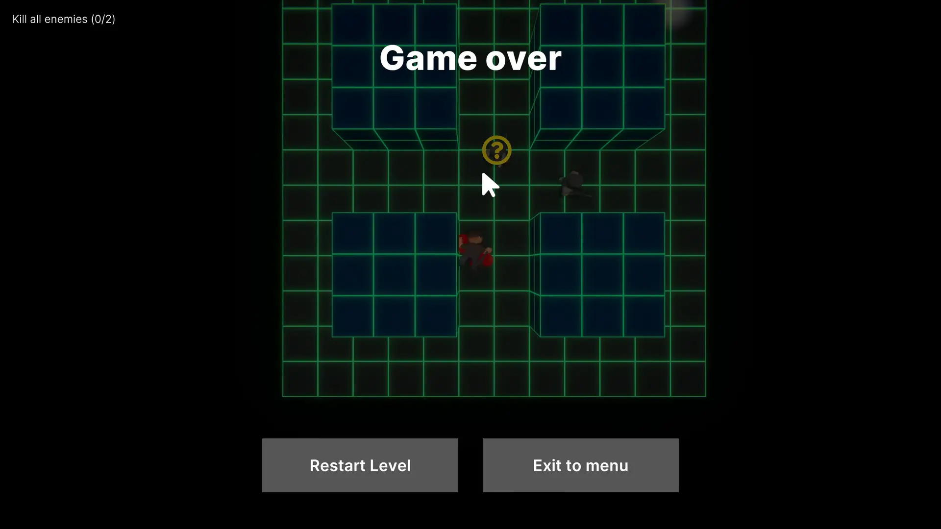 Game over screen showing player defeat in a neon grid-based level, with options to restart or exit to menu.