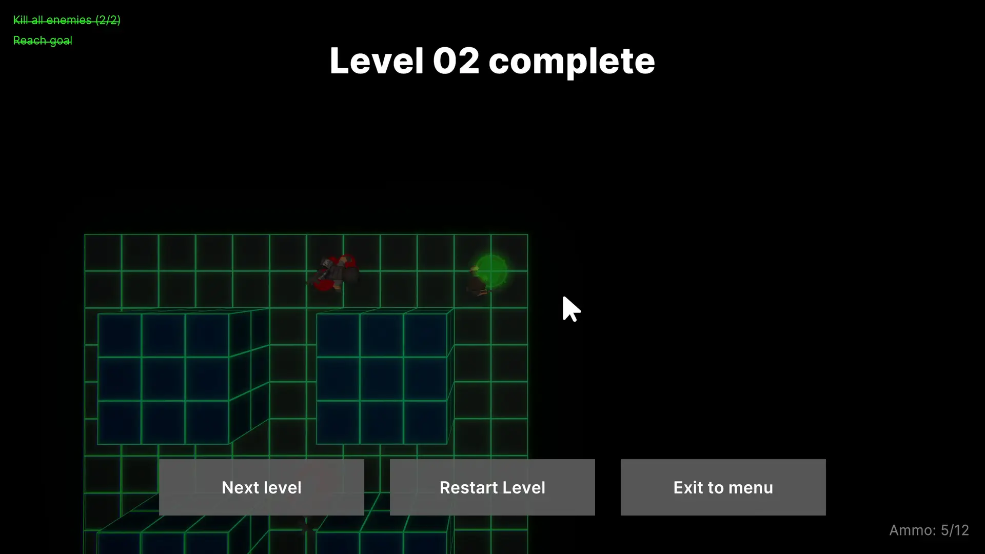 Level completion screen showing 'Level 02 complete' with options to proceed, restart, or exit.