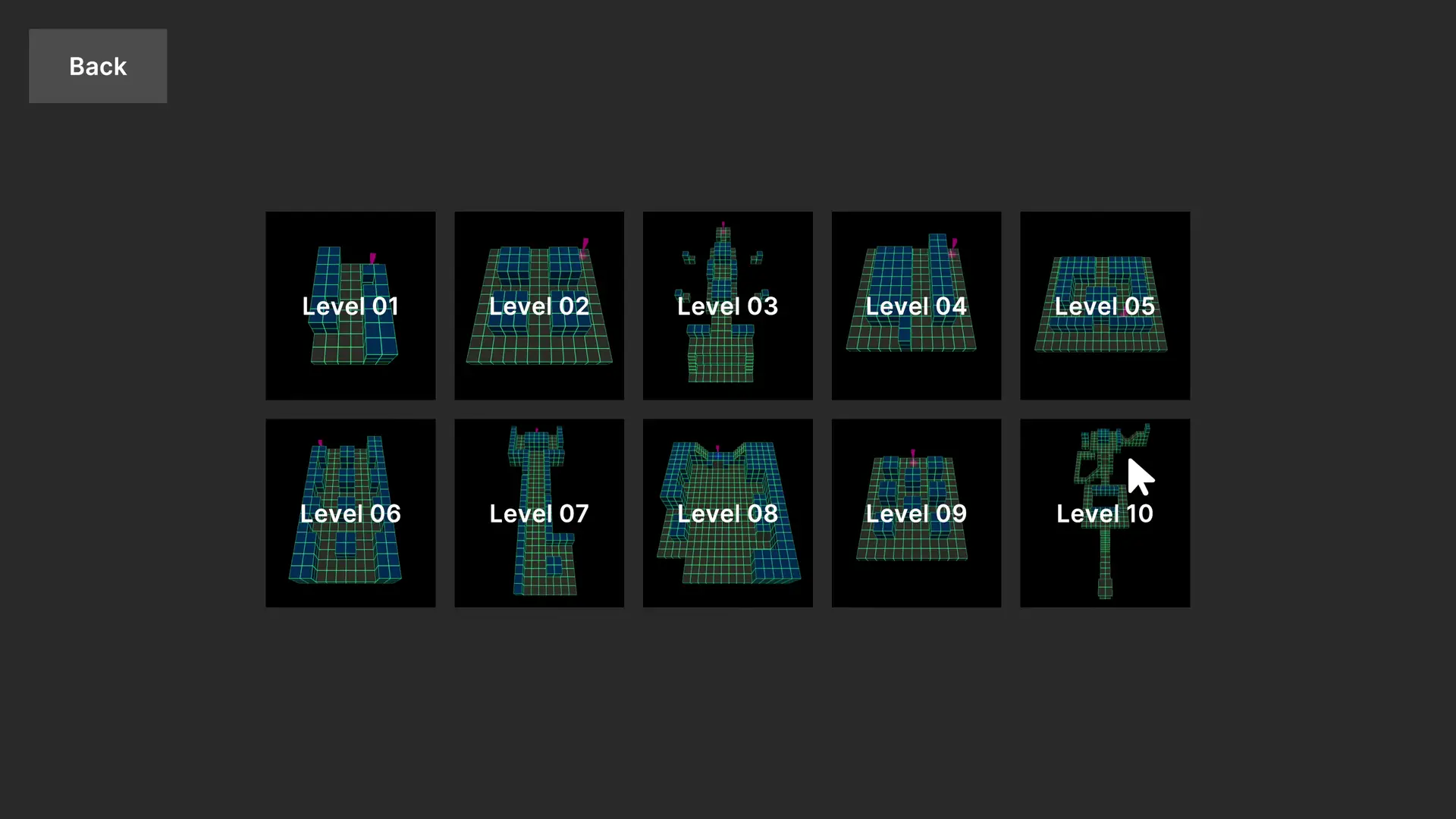 Level selection screen displaying thumbnails for 10 levels with a 'Back' button.