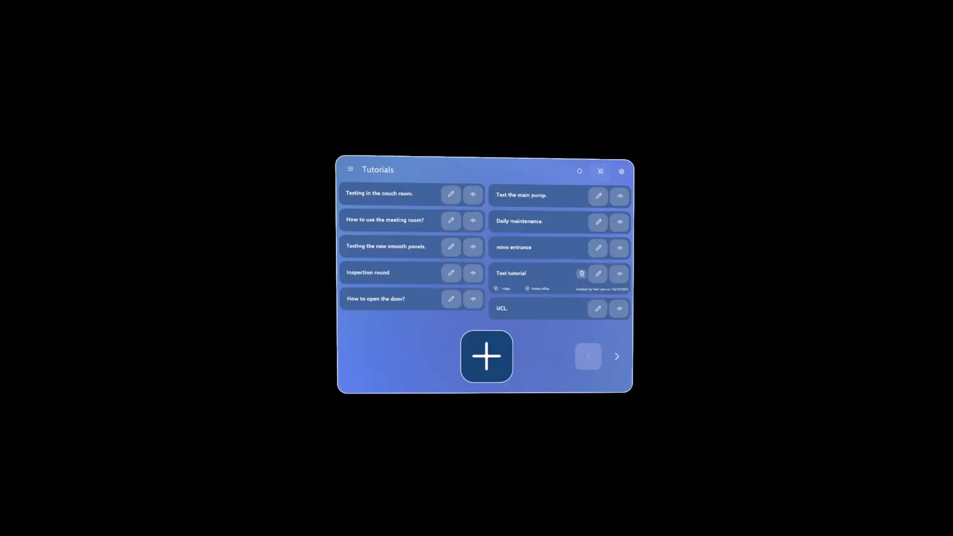 Main menu of the Tutorio Mixed Reality app displaying a list of tutorials with options for editing, viewing, and creating new tutorials.