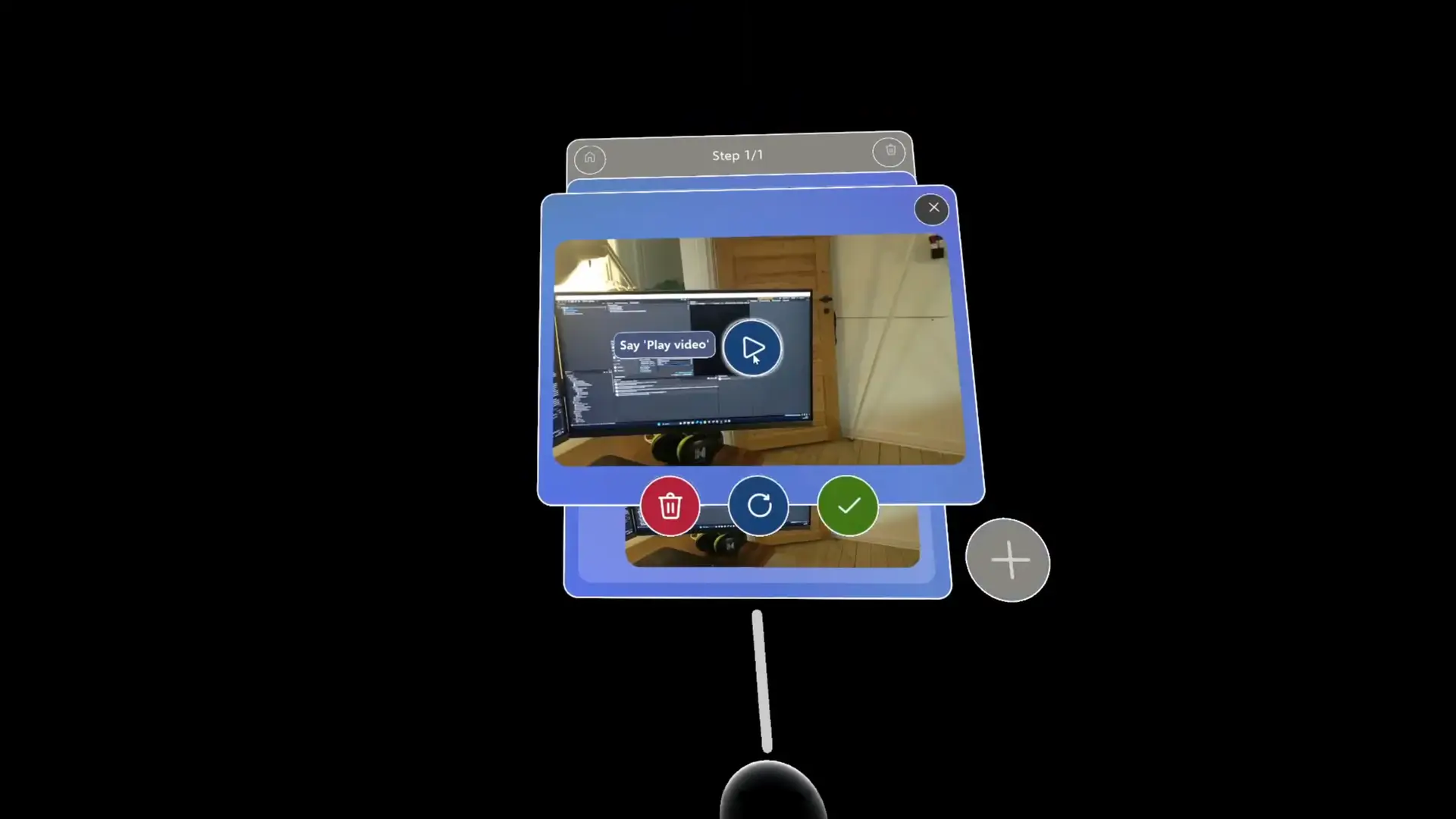 Tutorio Mixed Reality app showcasing a step with embedded video playback and controls for editing or confirming instructions.