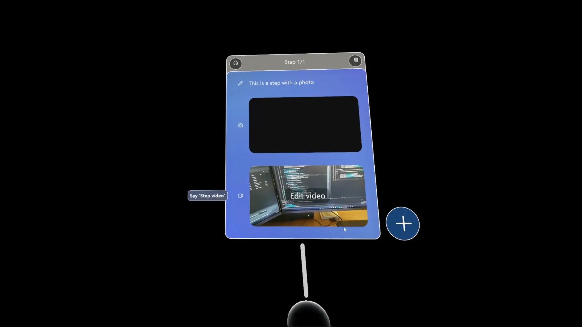 Tutorio app interface displaying a workspace instruction step with a video preview and customizable options, optimized for HoloLens interaction.