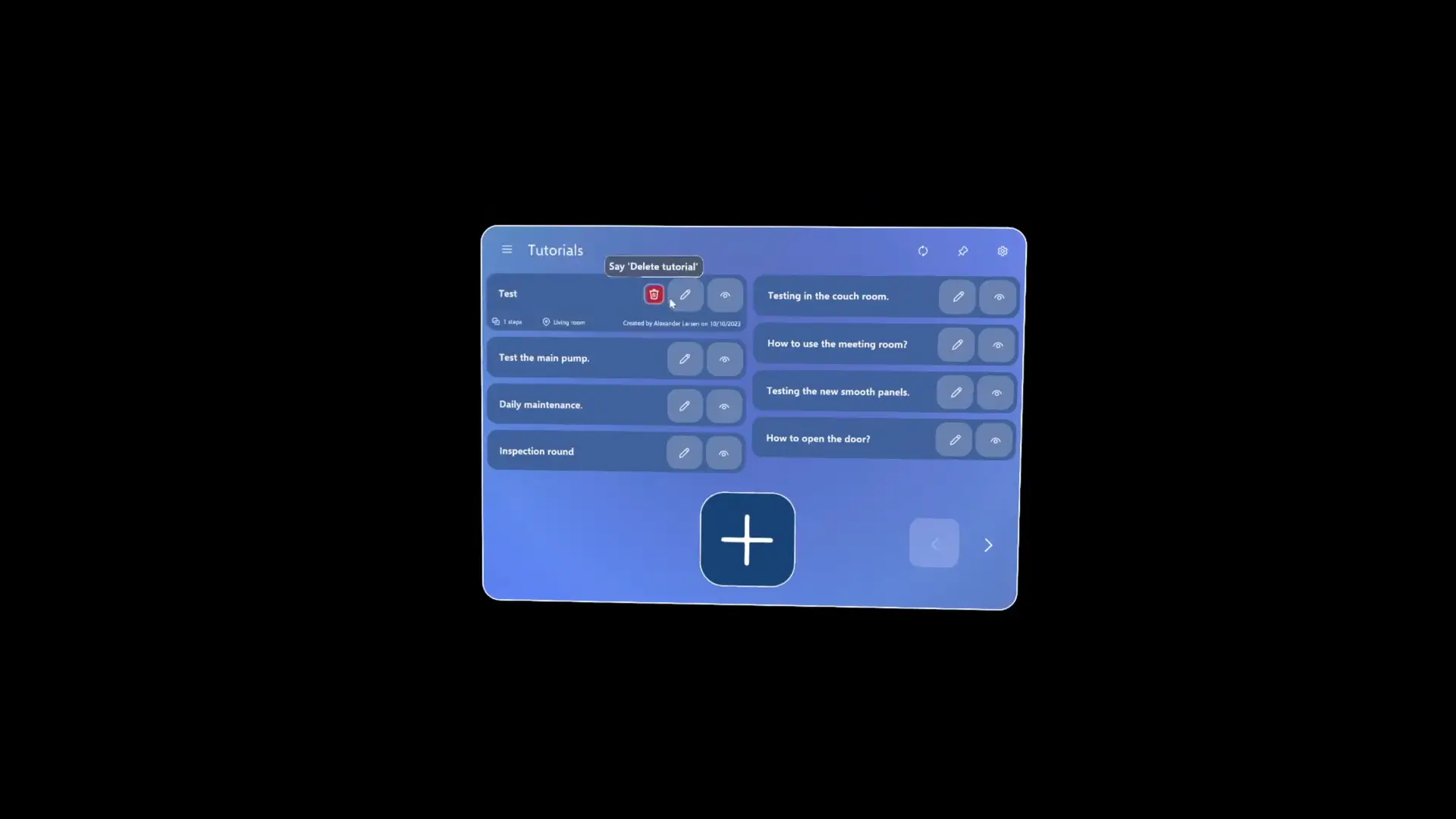 Main menu of the Tutorio Mixed Reality app displaying a list of tutorials, featuring options for editing, viewing, and adding new guides.