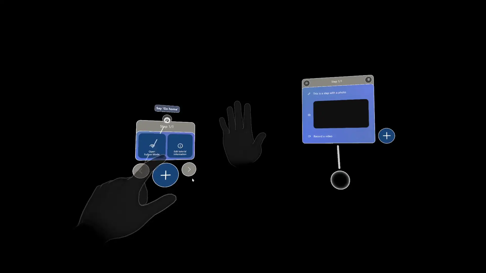 Tutorio app intelligent hand menu showing options to open follow mode or edit tutorial information, dynamically following the user's hand gestures.