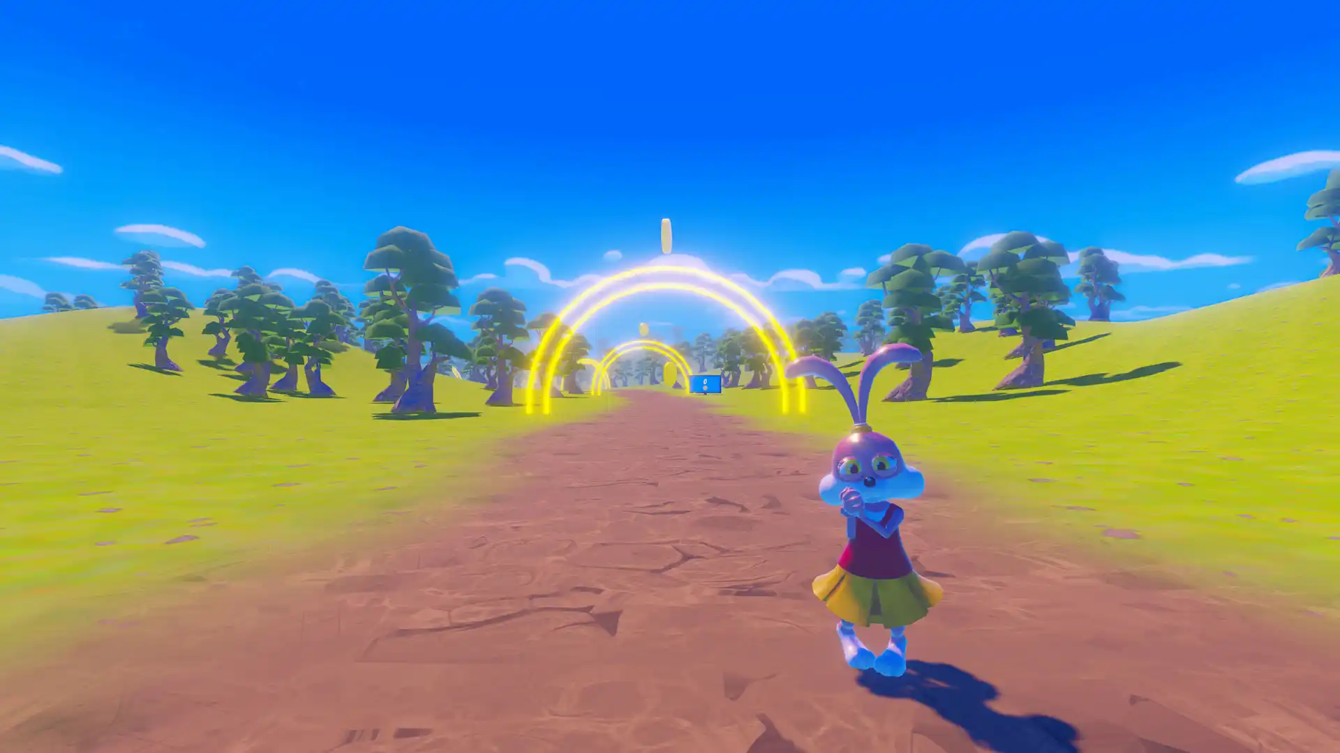 Screenshot of gameplay from VR Bunny Biking Companion showing a friendly bunny character guiding the player through a low-poly nature environment.