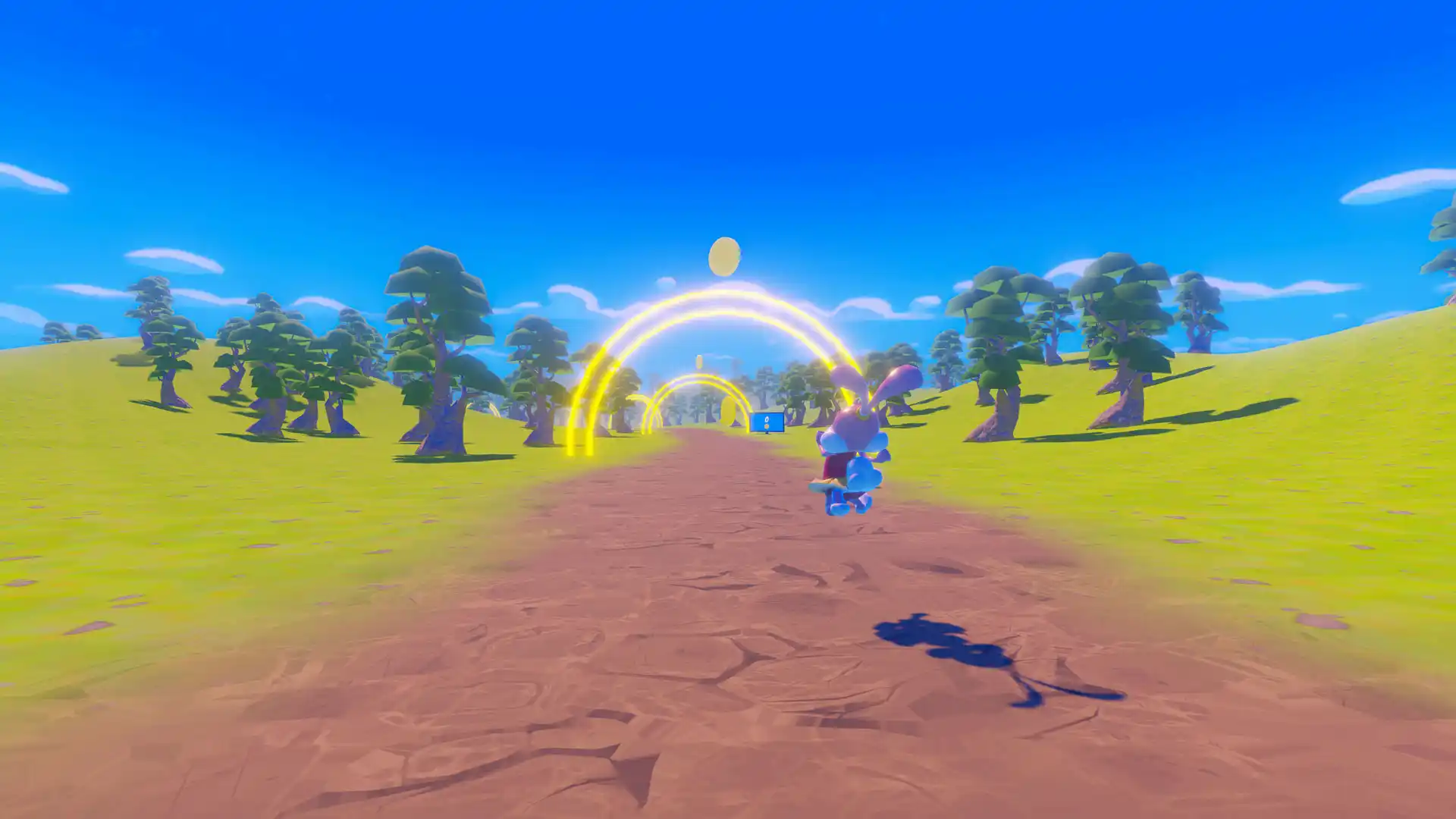 Happy AI bunny running playfully ahead of the player through a colorful, stylized nature landscape in VR, encouraging movement.