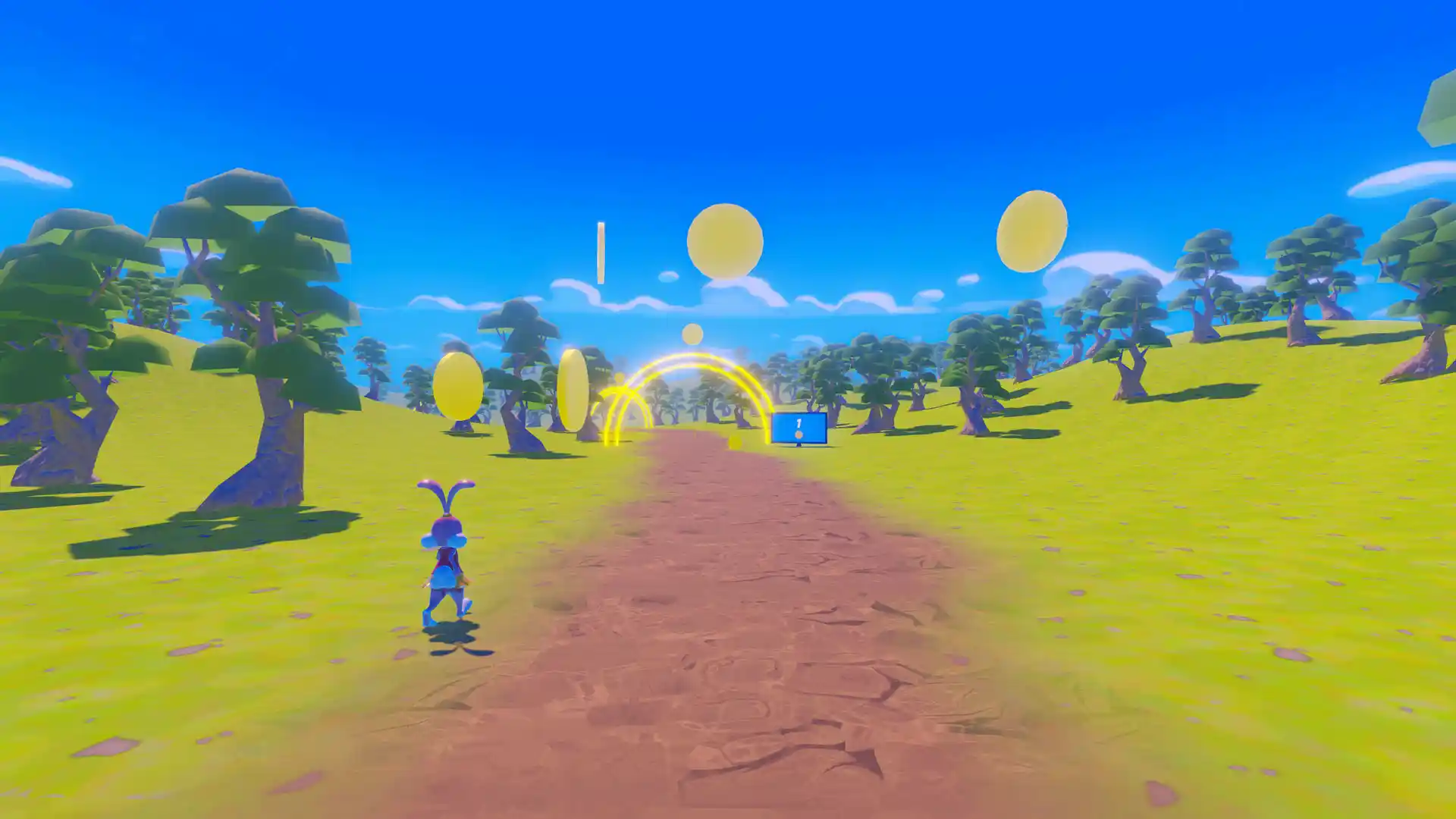 AI bunny walking beside the player as they slow down, while collectible coins float towards the player in a calming, low-poly nature setting.