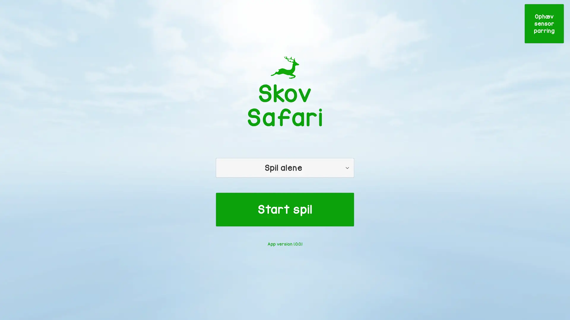 Start screen of the VR Multiplayer Wildlife Biking game, displaying the Skov Safari logo and a button to begin gameplay.