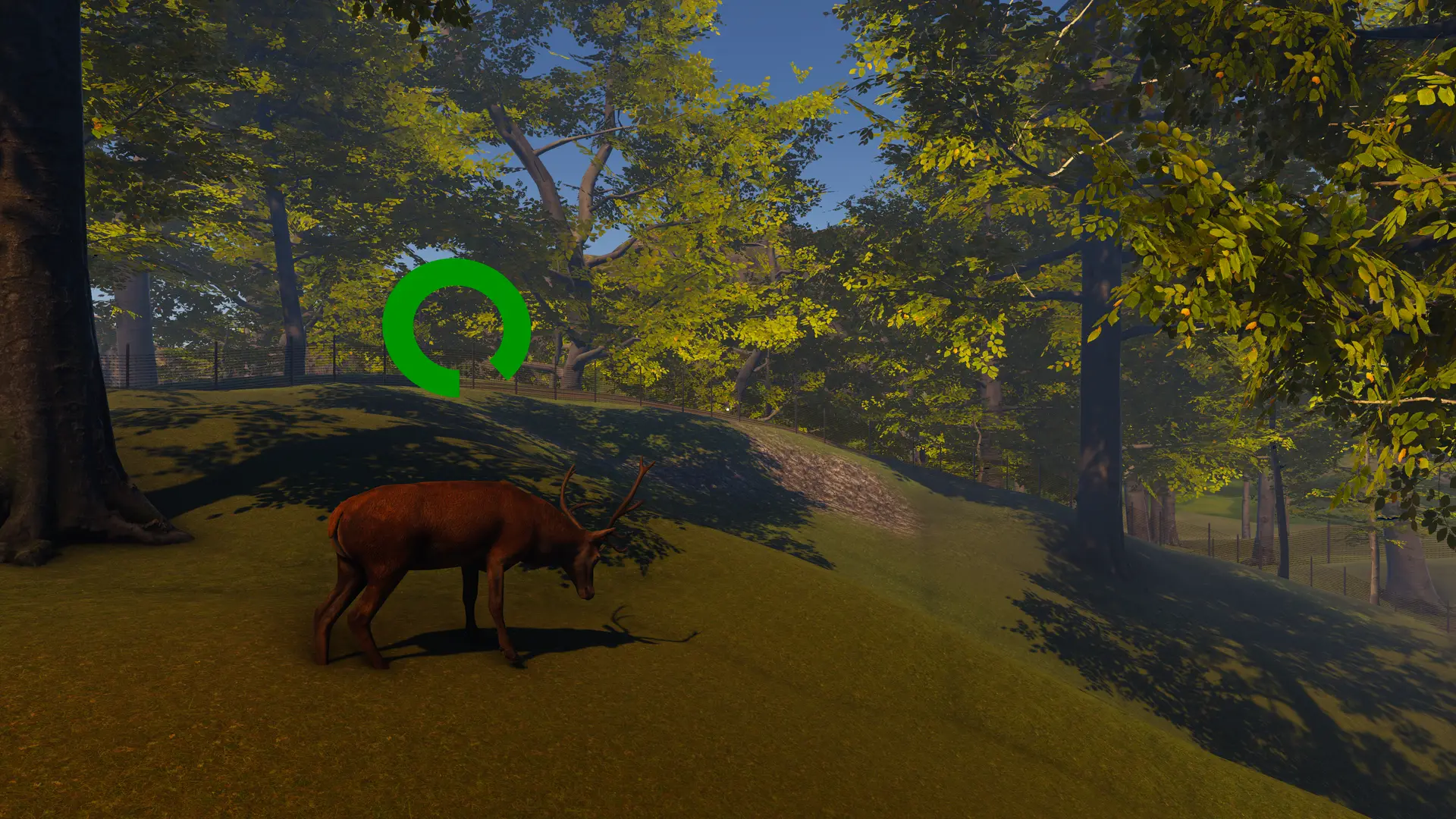 VR forest scene in VR Multiplayer Wildlife Biking featuring a grazing deer with a gaze-based interaction marker.