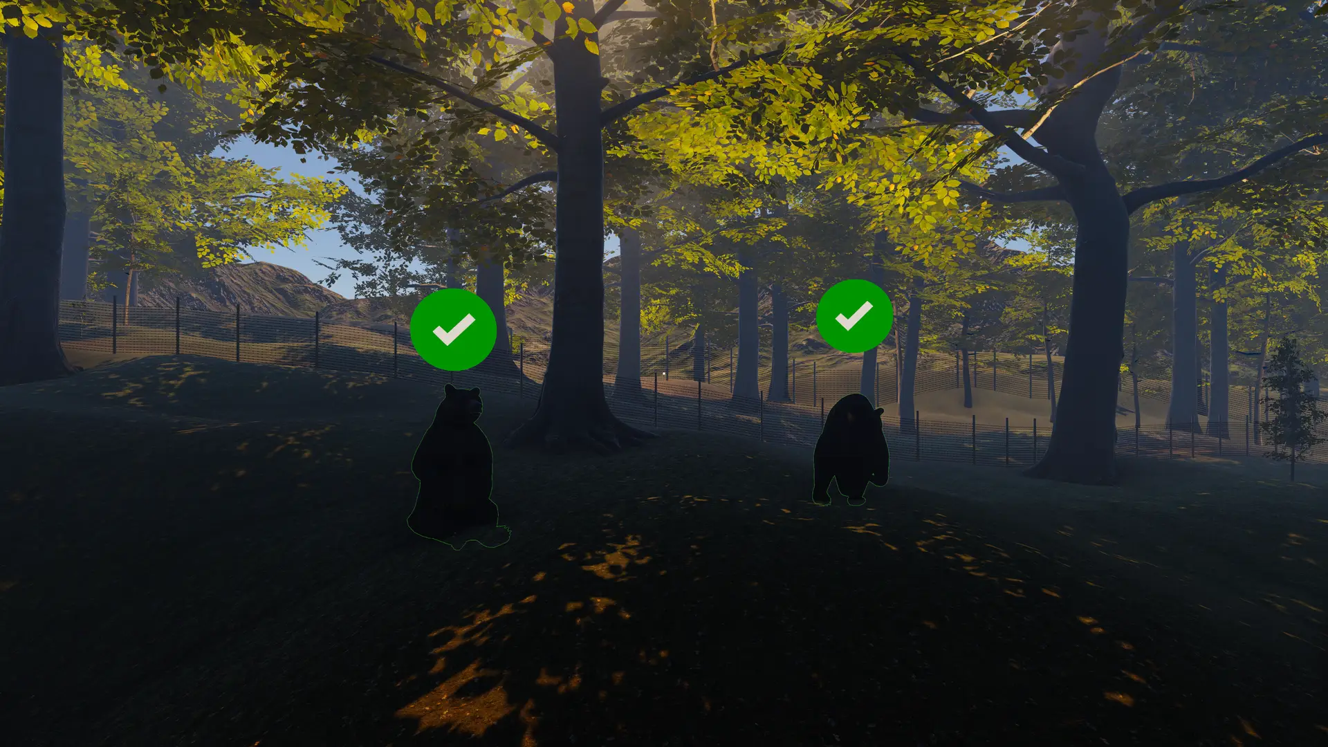 Two virtual animals, a bear and a wolf, in a forest scene from VR Multiplayer Wildlife Biking, marked as spotted by players.