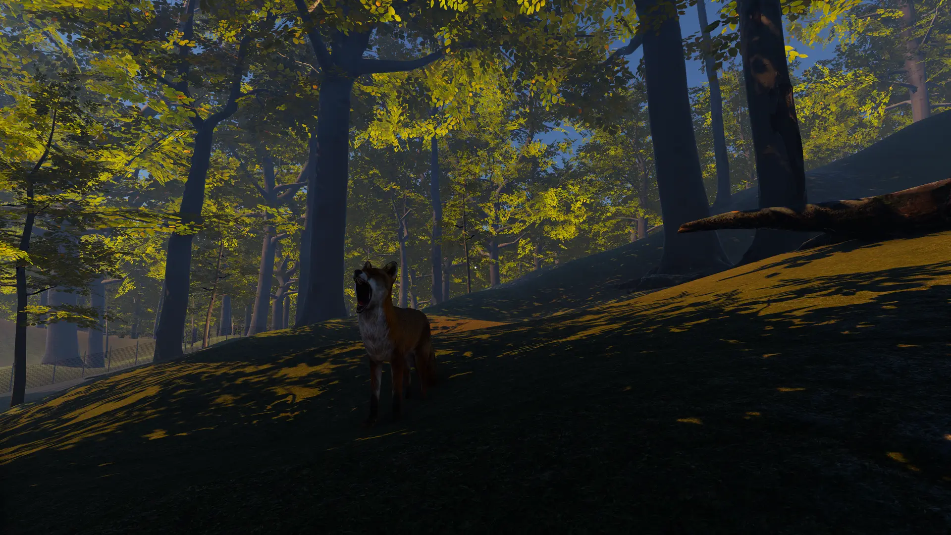 A fox in a detailed VR forest environment from VR Multiplayer Wildlife Biking, showcasing realistic animal AI and terrain design.