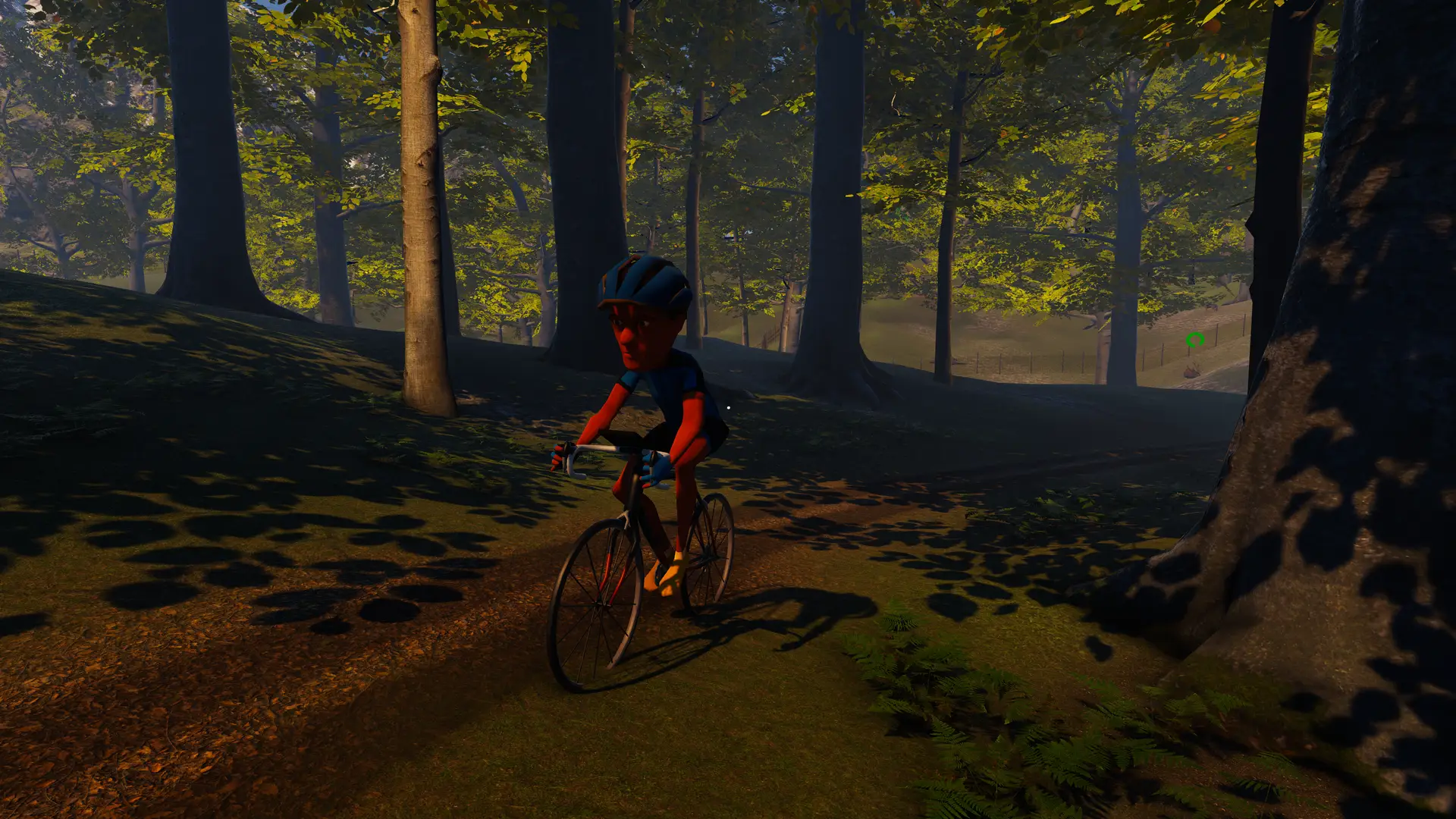 Third-person view of a bike rider in a shadowy forest environment, illustrating the immersive VR gameplay of Multiplayer Wildlife Biking.