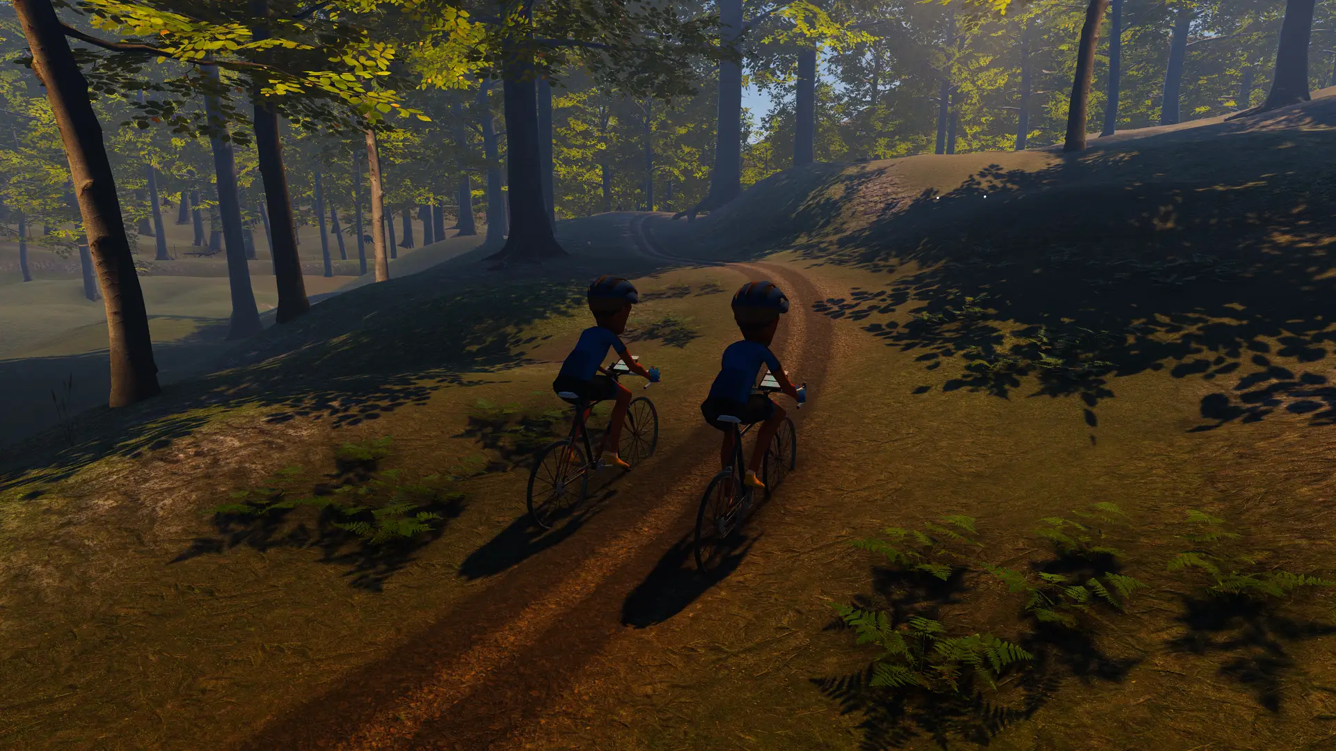 Screenshot of a serene VR forest environment featuring two virtual bike riders on a trail, showcasing the multiplayer biking mechanics of VR Multiplayer Wildlife Biking.