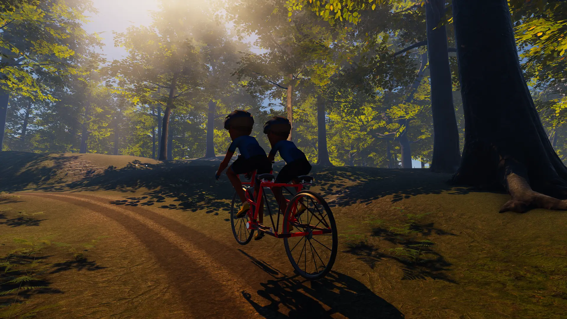 Two riders collaborating on a tandem bike in a forest environment, with volumetric light filtering through the treetops, showcasing cooperative gameplay in VR Multiplayer Wildlife Biking.