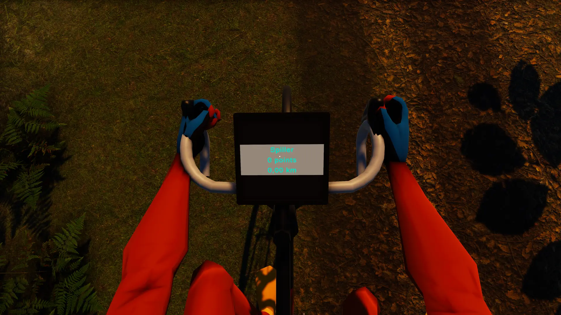 First-person view from a bike rider's perspective, featuring a diegetic UI on the bike tablet screen displaying points and kilometers biked in VR Multiplayer Wildlife Biking.