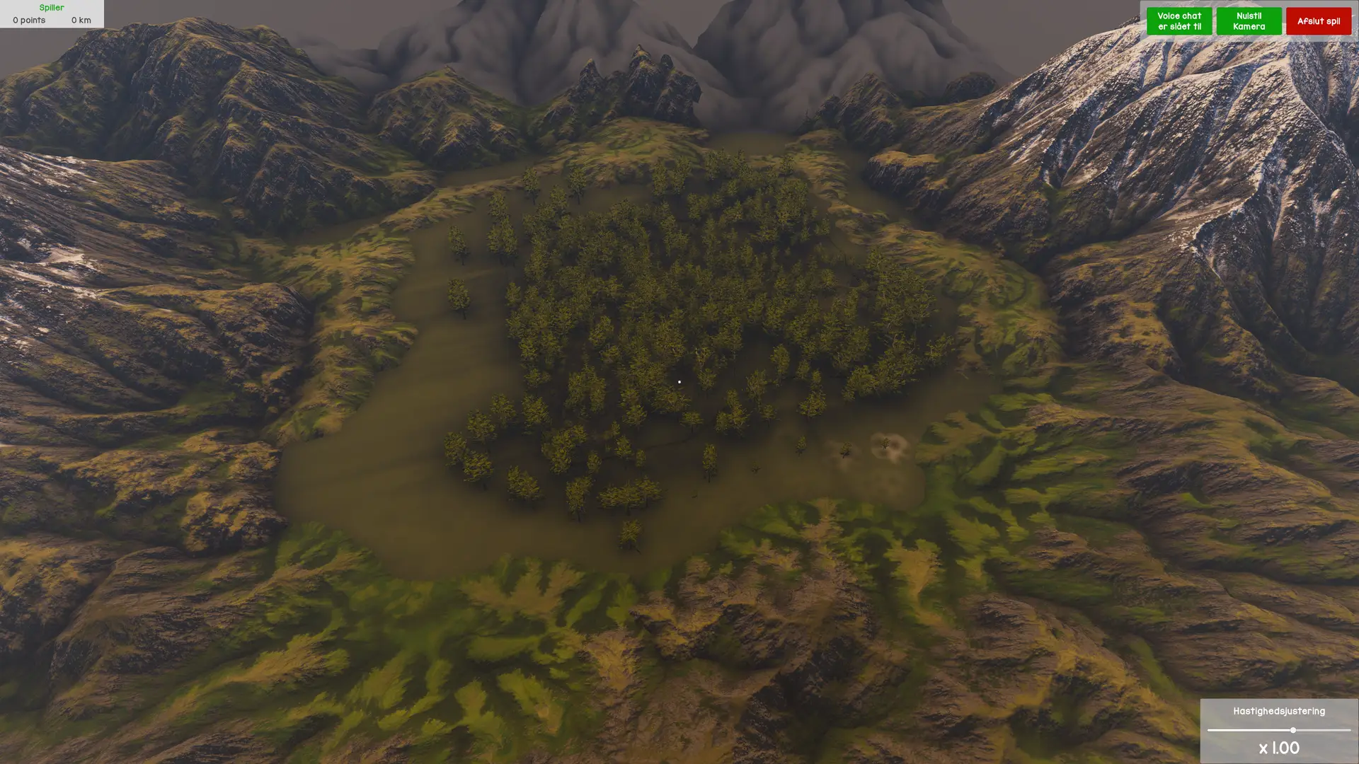 Mountainous forest environment viewed from above, with a helicopter perspective, showcasing the expansive terrain in VR Multiplayer Wildlife Biking.