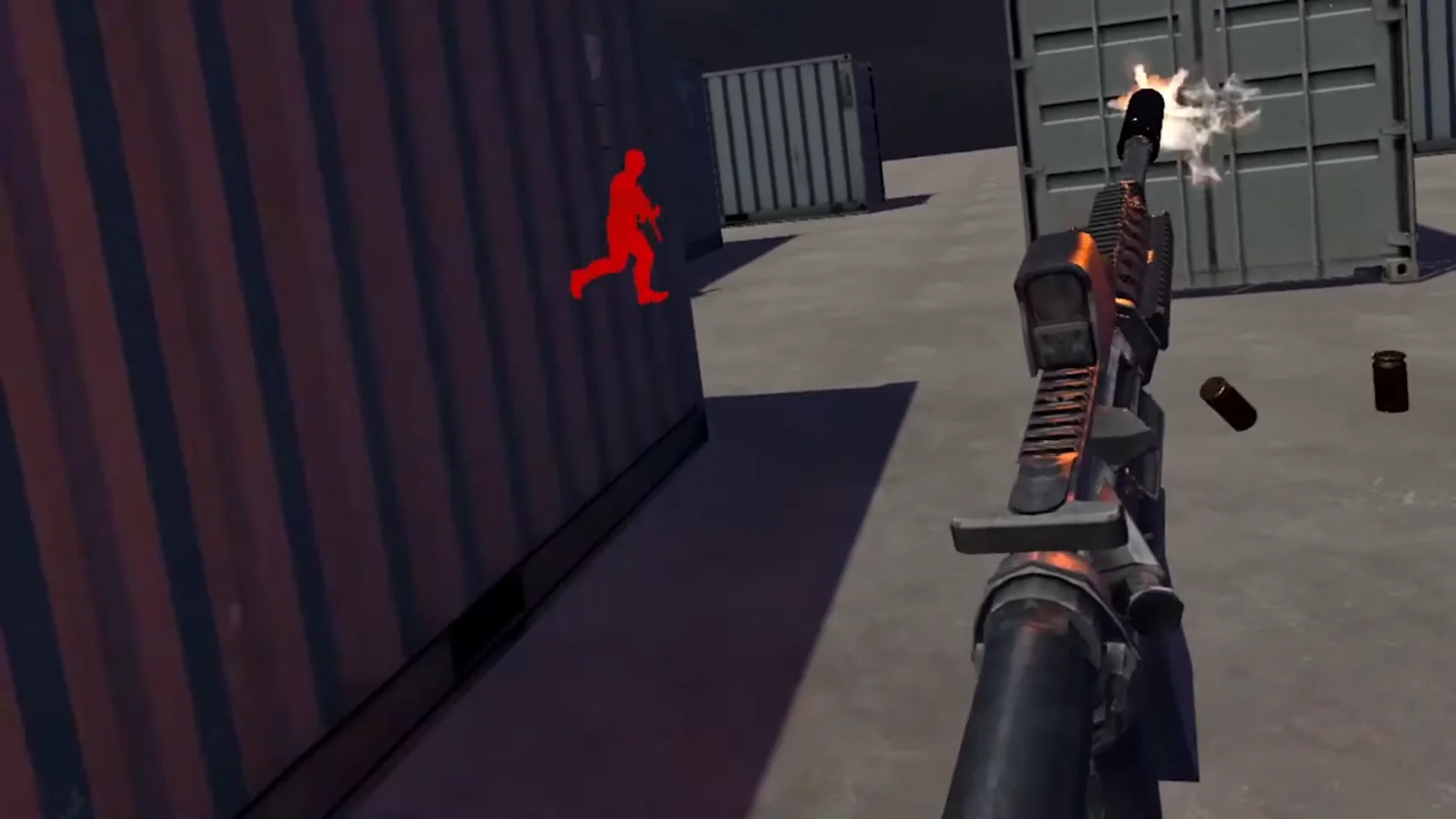 Player shooting an automatic rifle with shells ejected, enemy highlighted in red through walls in an industrial environment with containers.