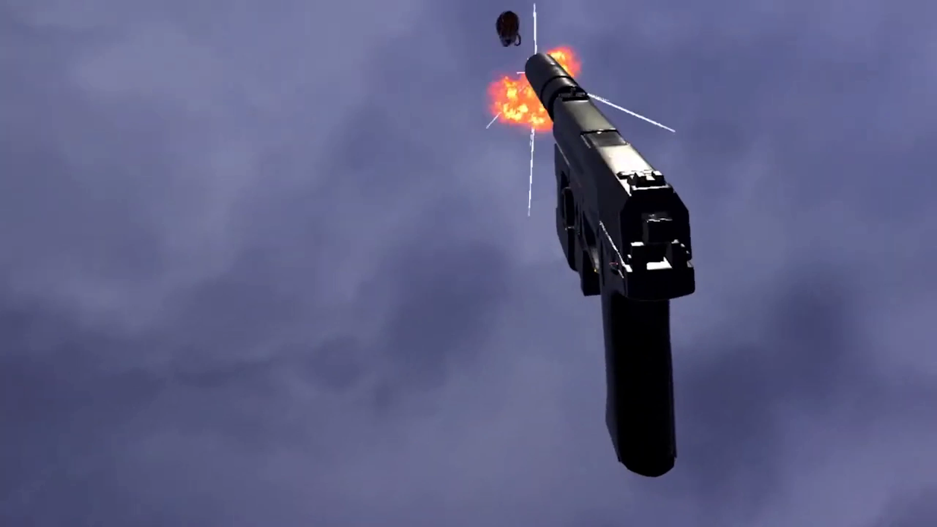 Player performing a trickshot, shooting a grenade mid-air with a silenced Beretta pistol in an industrial setting.