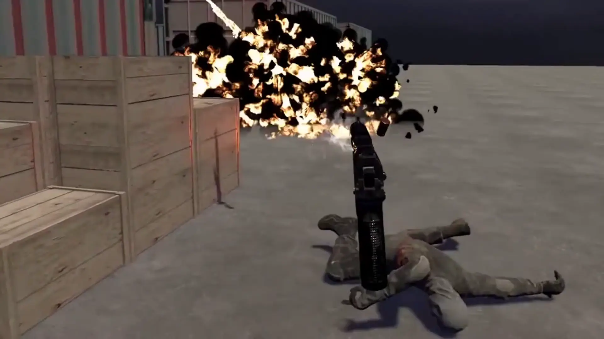 Player shooting an explosive barrel with a Beretta pistol, creating a large explosion, with crates and containers on the left and an incapacitated enemy in the foreground.