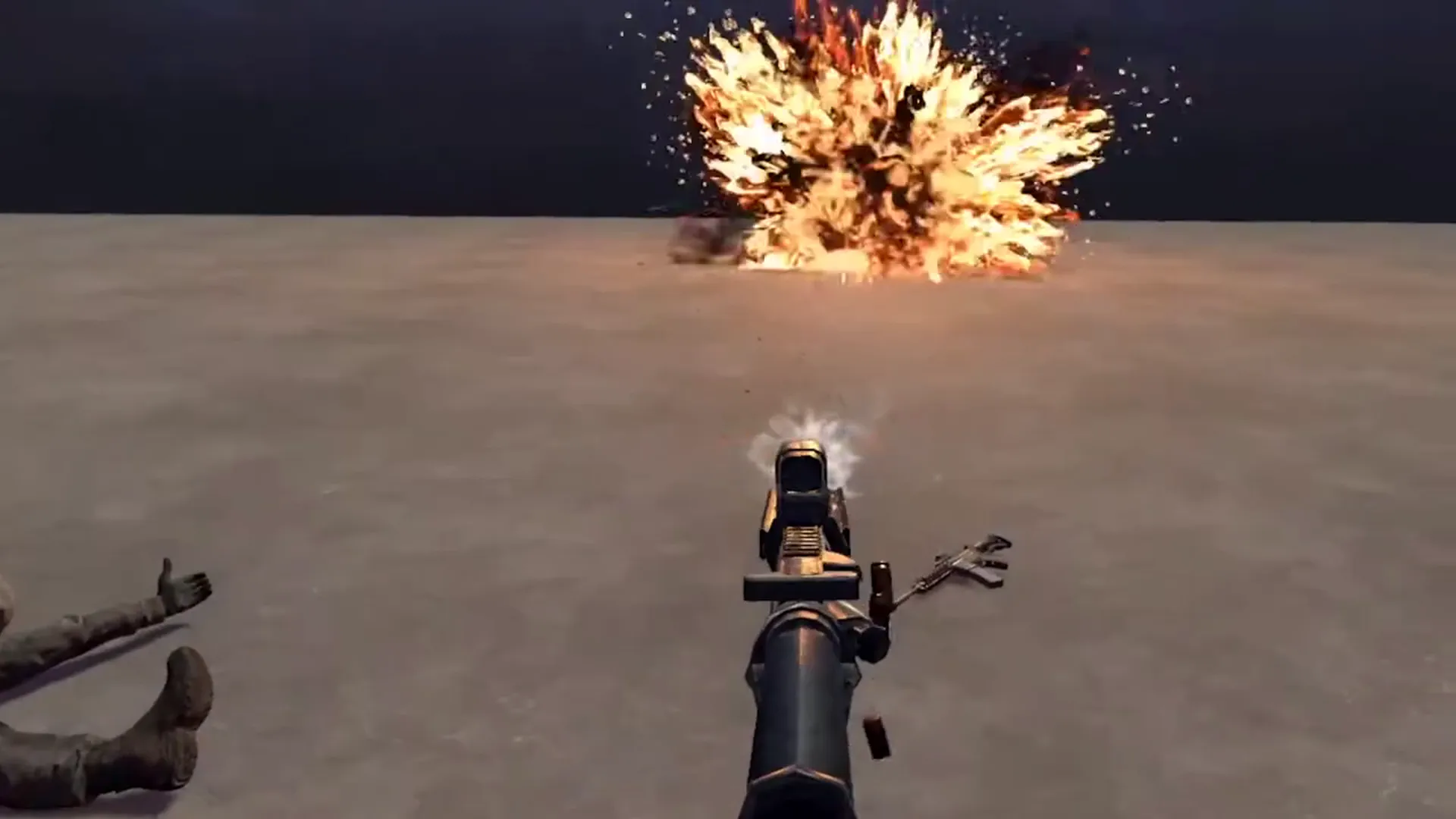 Big explosion in the background, incapacitated enemy, and smoke from the player's automatic rifle (M4A1).