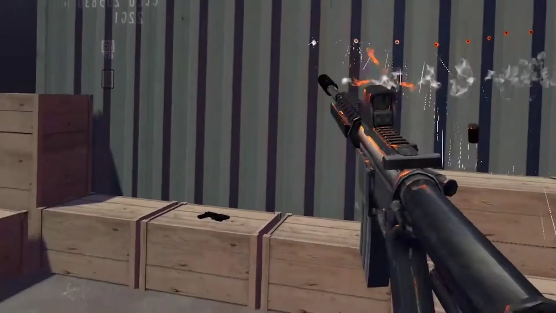 Player firing an M4A1 at a container, visible bullet holes at impact points, smoke from the barrel, and physics-based bullet shells ejected.