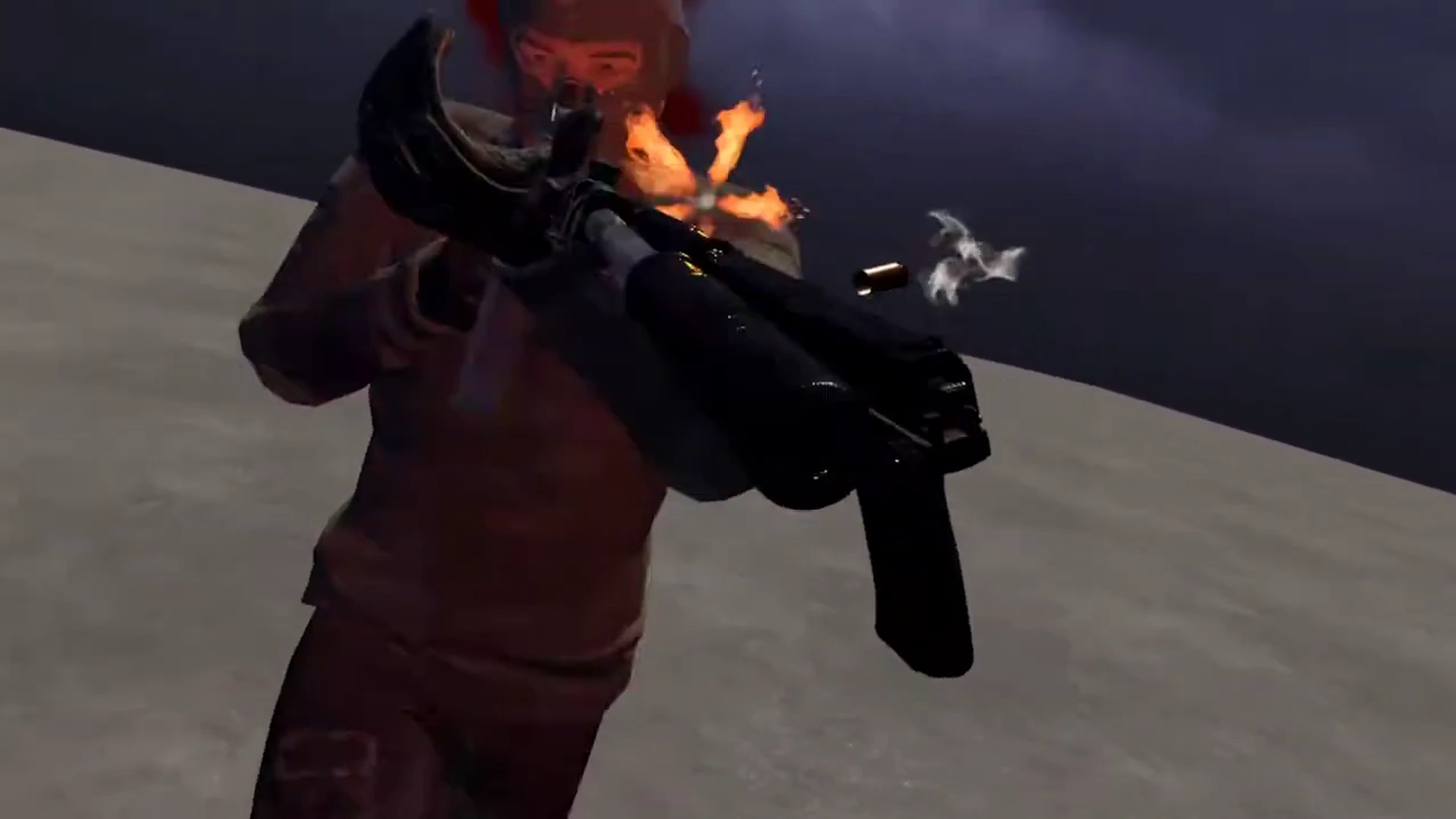 Player shooting at an enemy up close with a Beretta pistol in an industrial environment.