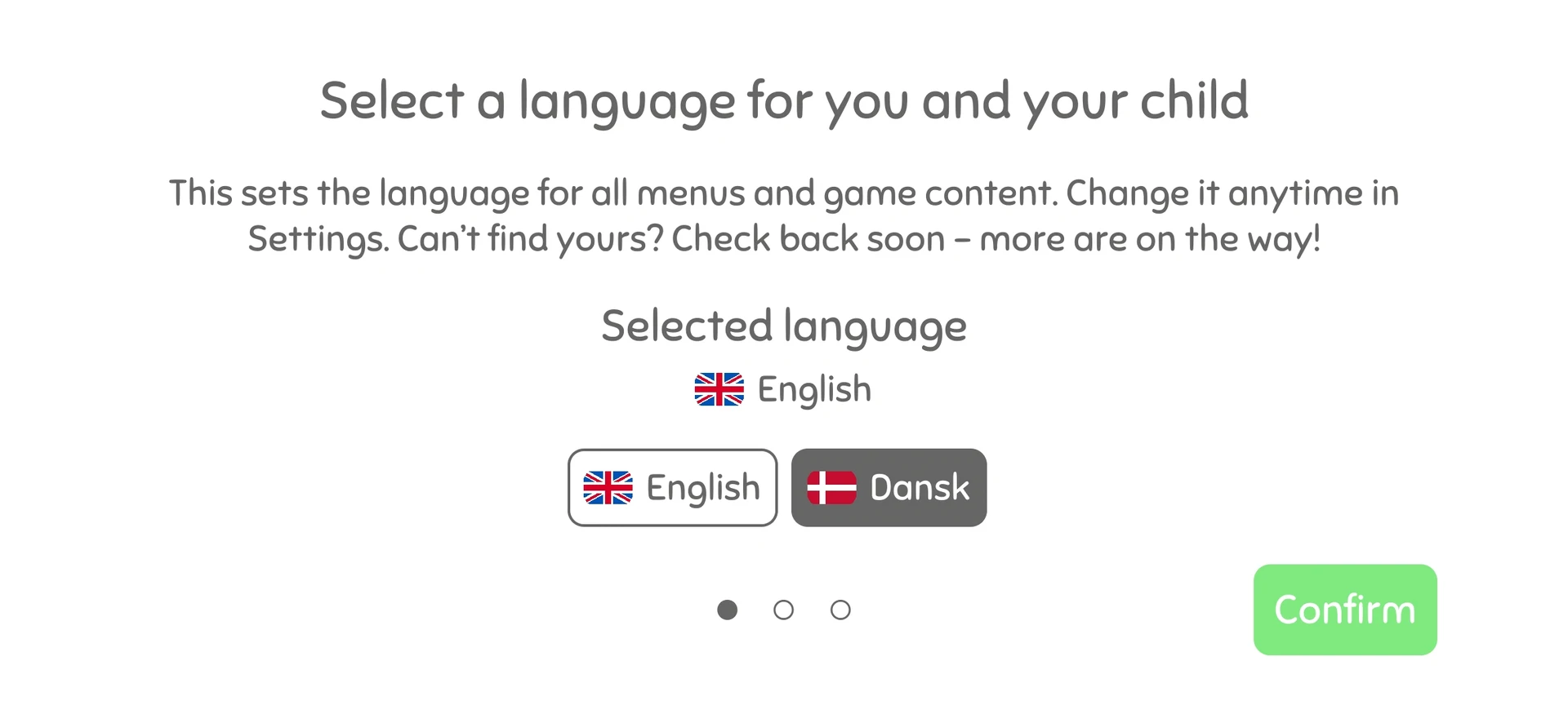 WordBaby welcome screen for selecting a language, showing English and Danish options with a confirm button for customization.